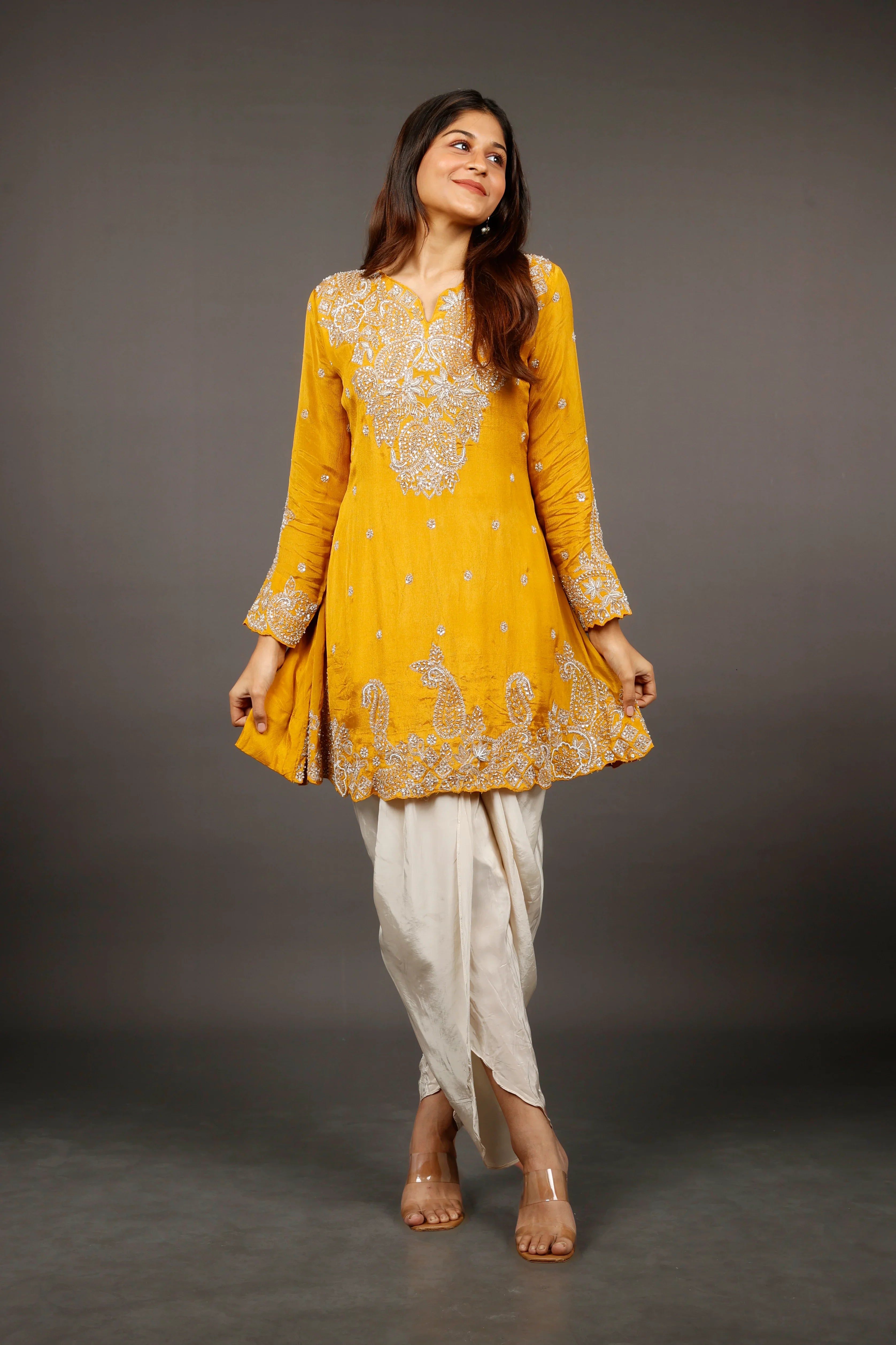 Yellow Chinon Silk Indo-Western Kurta with Cream Dhoti Pants | Mokshaa