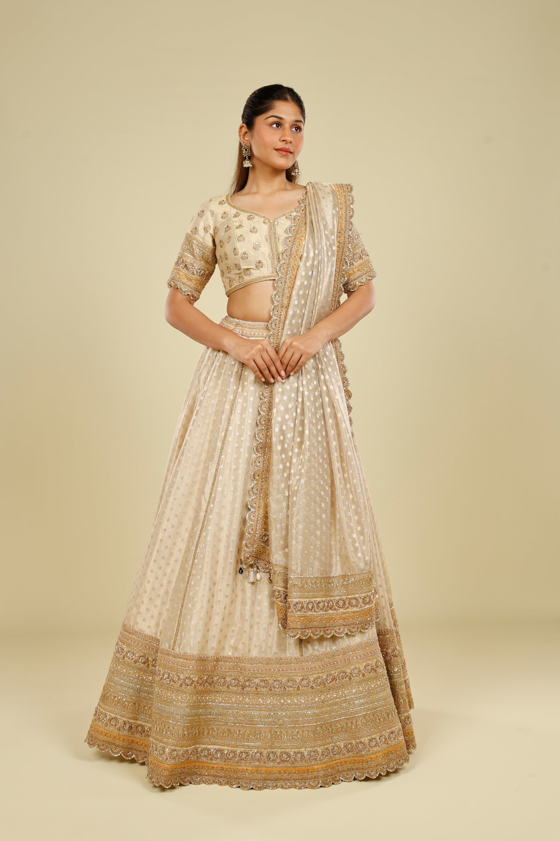 Ivory Banarasi Tissue Organza Lehenga Set with Zardozi, Zari & Sequin Embroidery