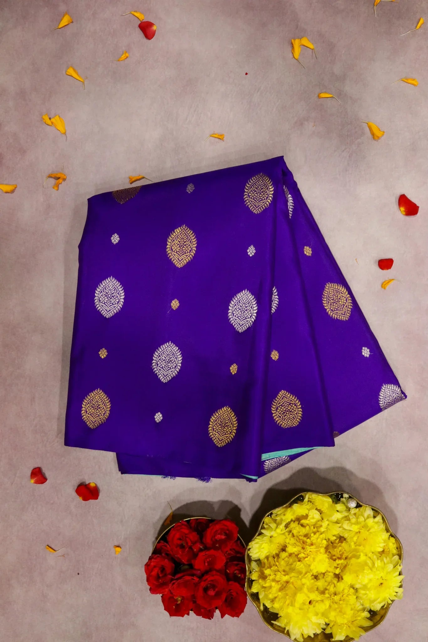 Ink Blue Kanchipuram Silk Saree with Gold & Silver Motifs and Contrast Light Blue Pallu | Mokshaa