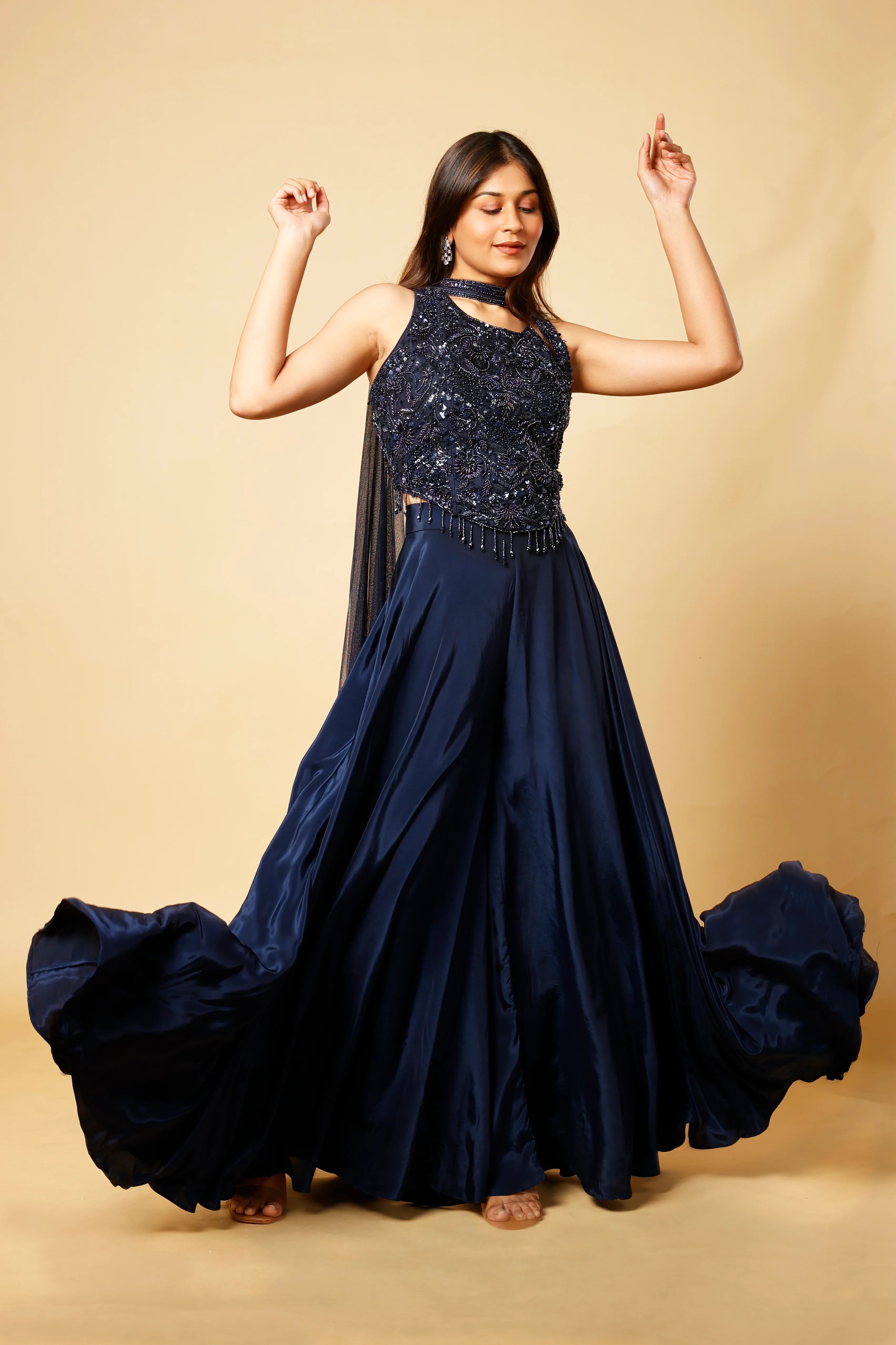 Navy Blue Satin Corset Palazzo Set with Pearl, Cutdana & Metallic Embroidery | Mokshaa