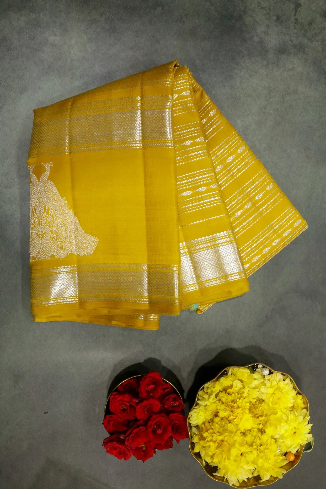 Yellow Kanchipuram Silk Saree with Silver Zari Horizontal Weaving Lines and Fancy Border | Mokshaa