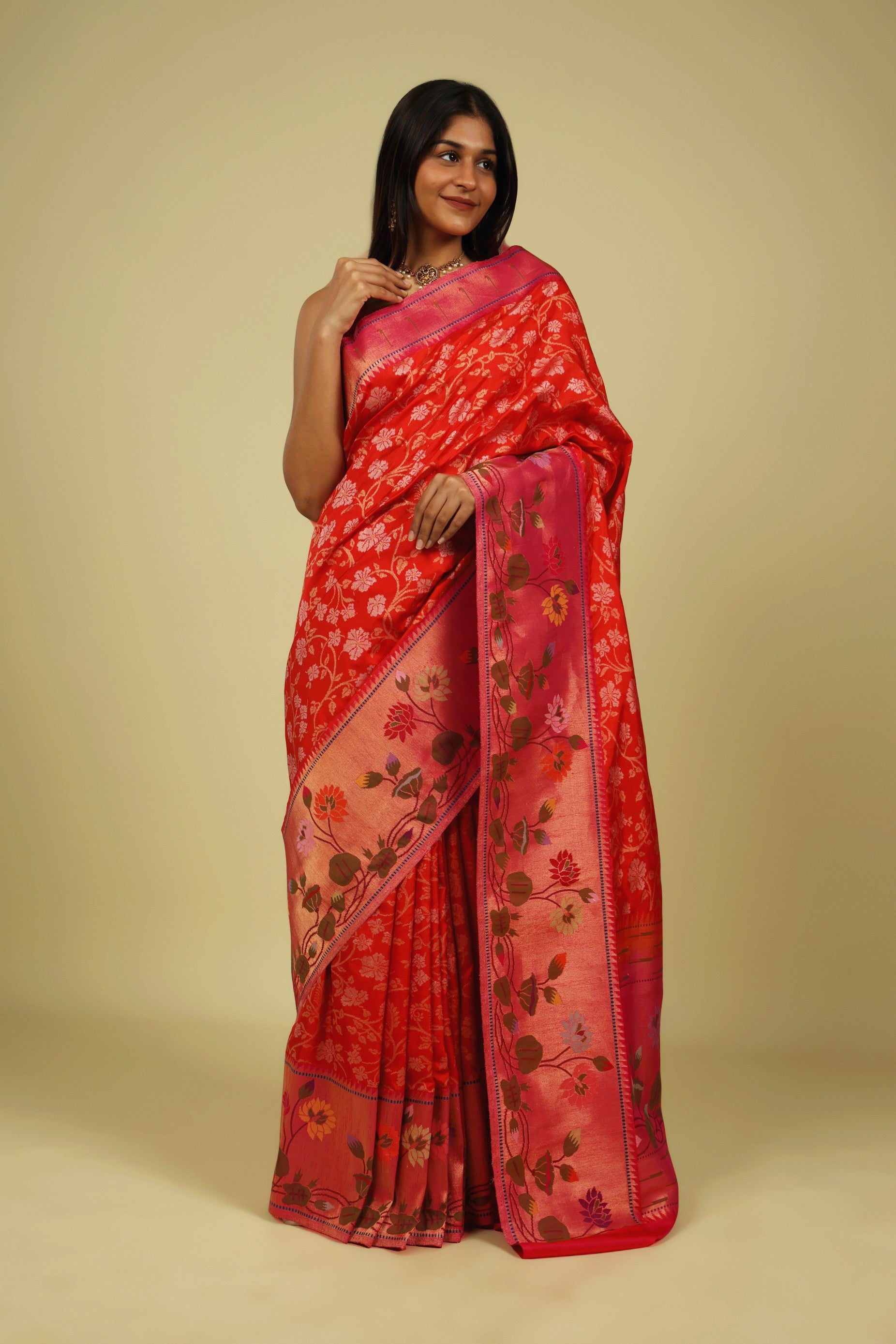 Orange Banarasi Silk Saree with Gold & Silver Zari Jaal and Jamdani Border