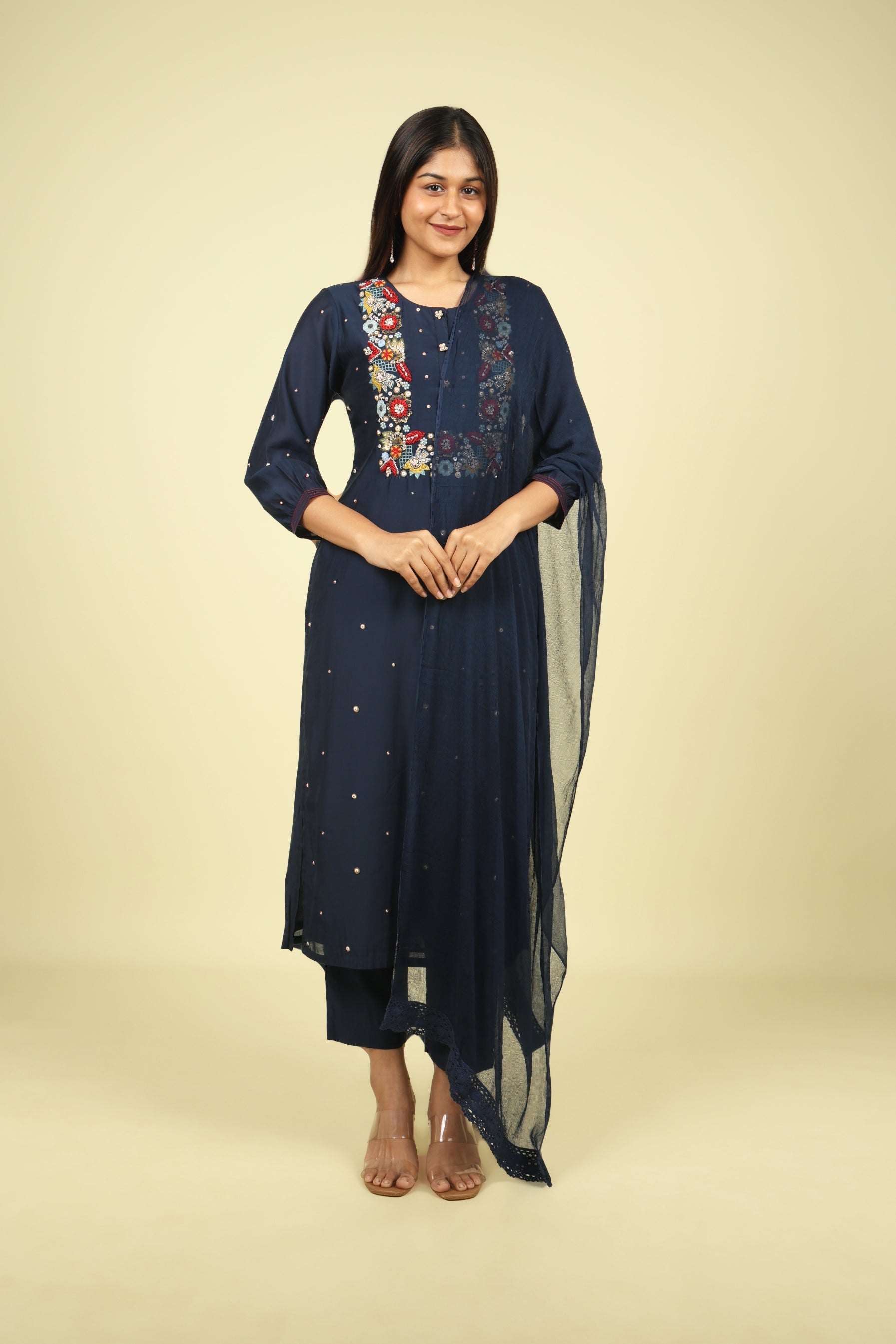 Navy Embroidered Mul Chanderi Salwar Suit