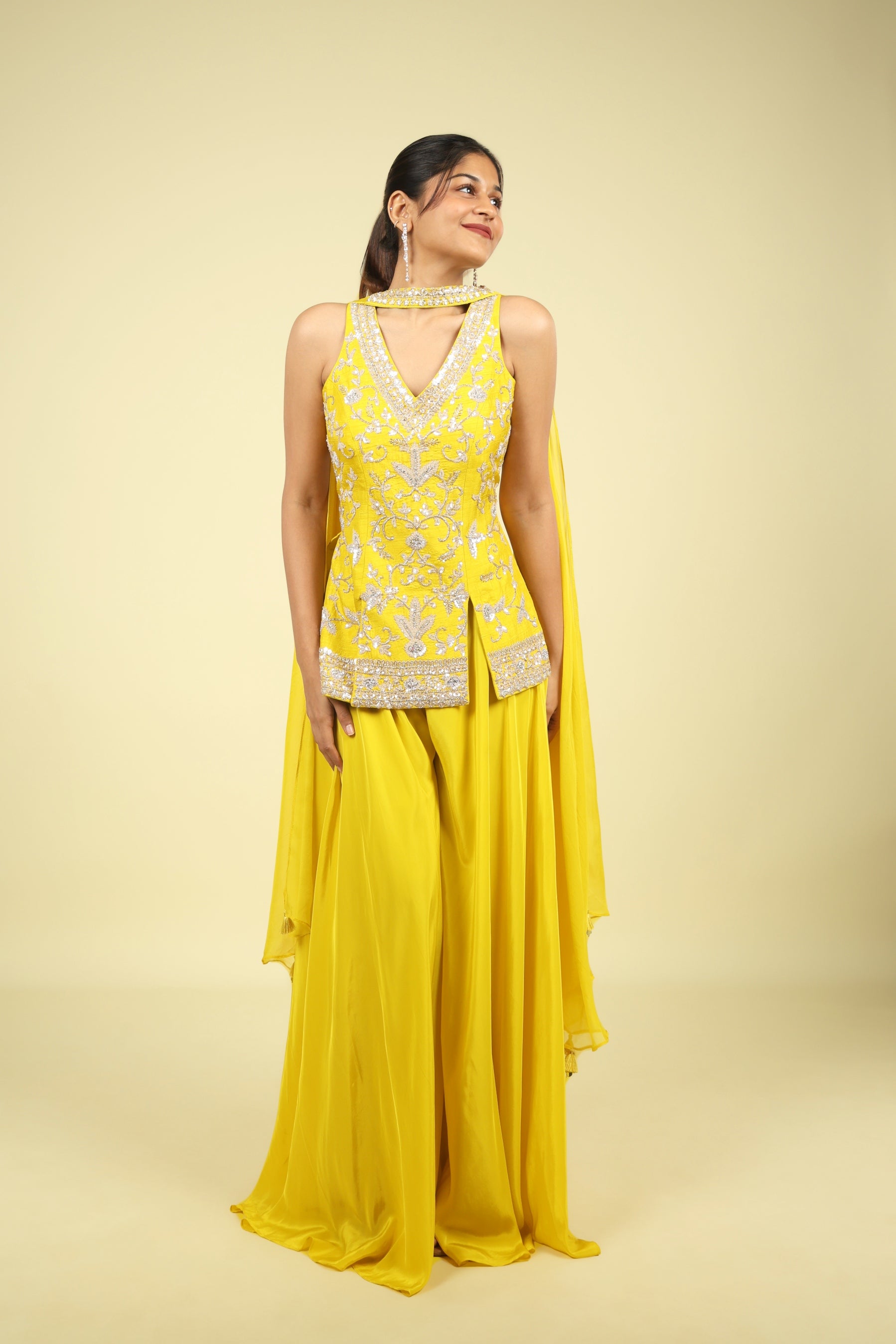 Yellow Silk Embroidered Palazzo Set with Organza Choker Dupatta