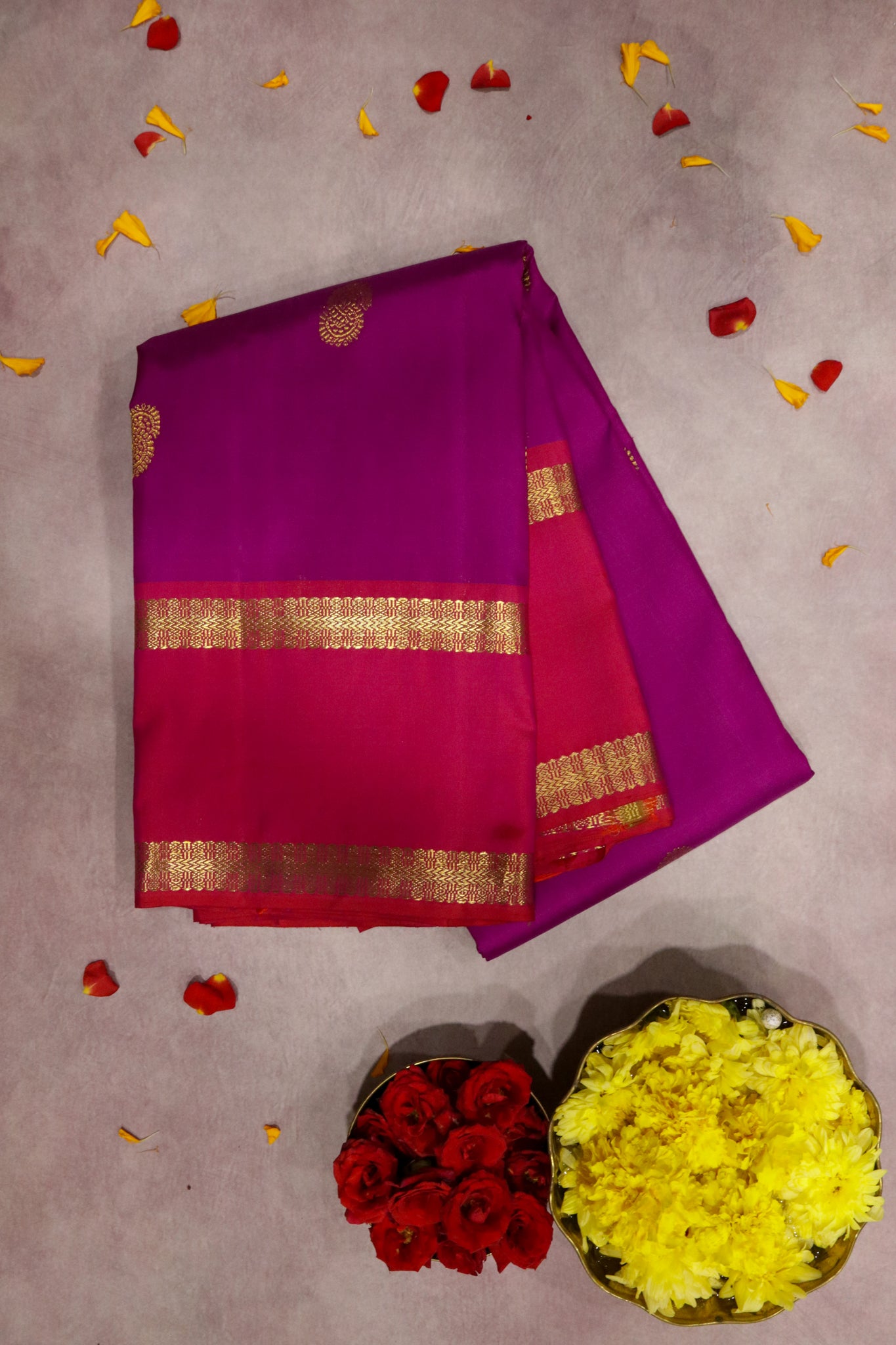 Magenta Kanchipuram Silk Saree with Gold Zari Motifs and Contrast Border