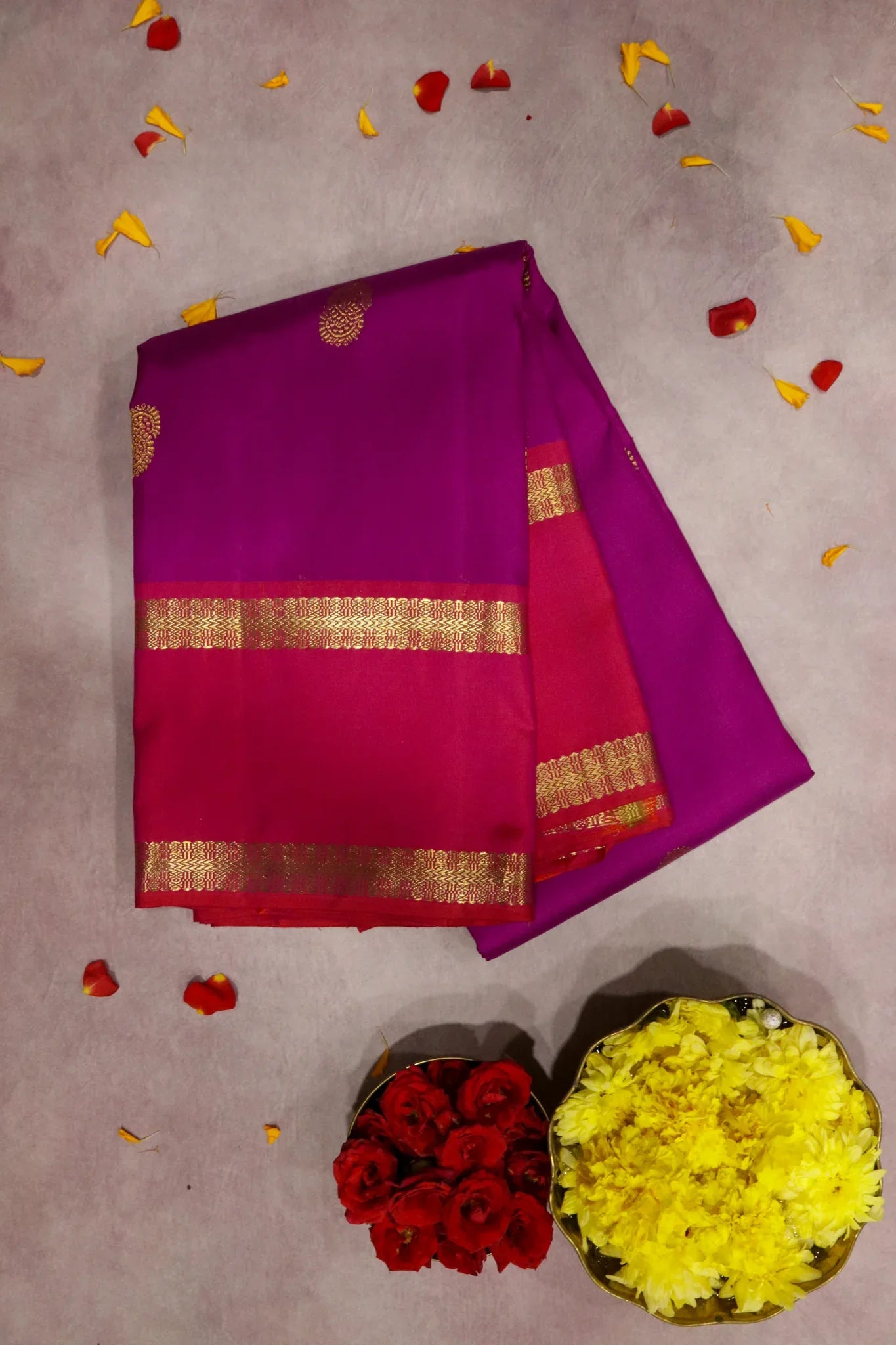 Magenta Kanchipuram Silk Saree with Gold Zari Motifs and Contrast Border | Mokshaa