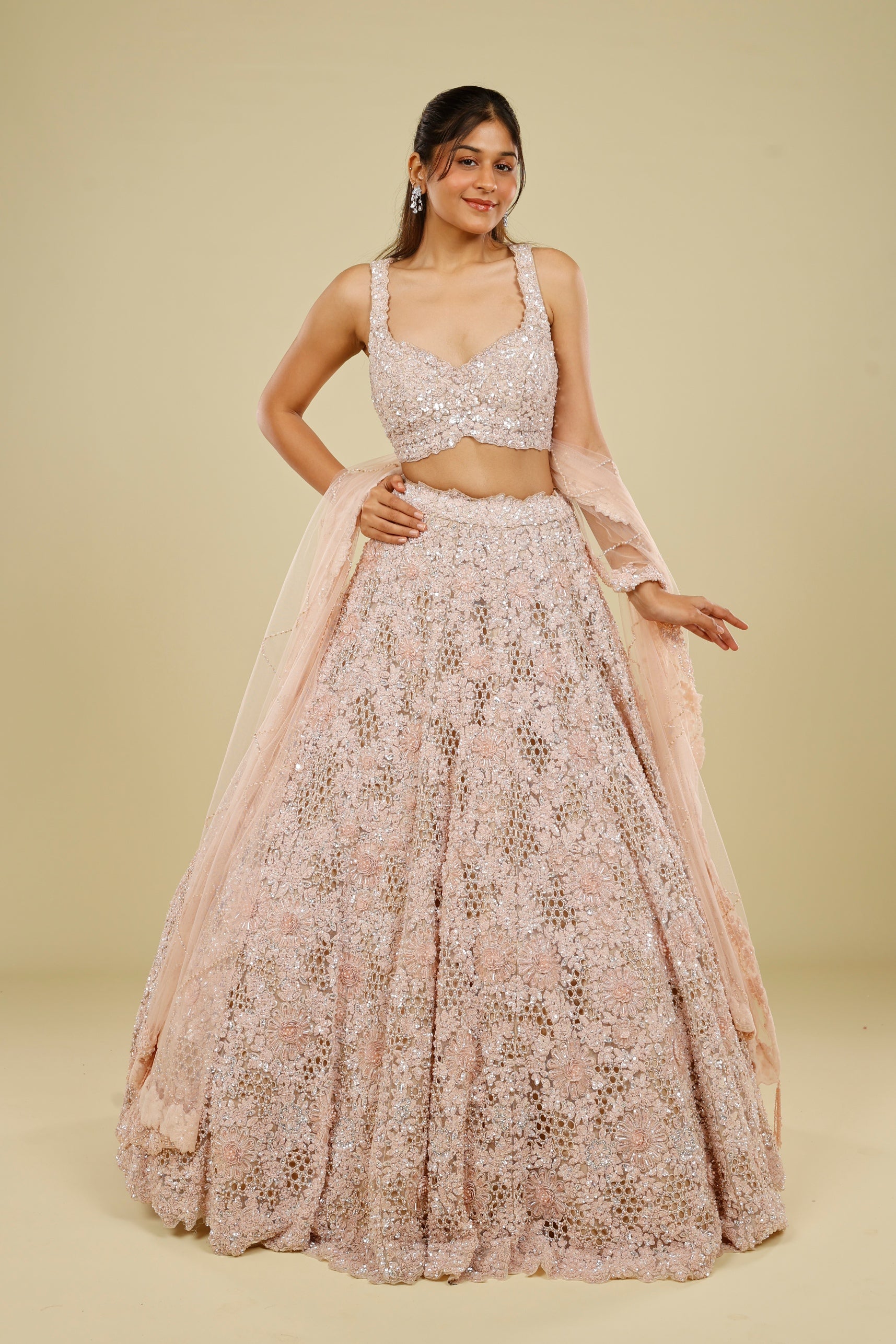 Blush Pink Net Cutwork Lehenga Set with Sequin, Stone & Pearl Embroidery