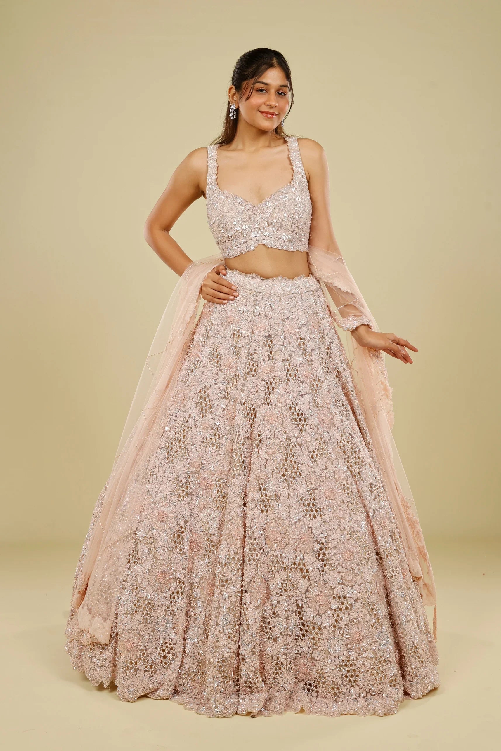 Blush Pink Net Cutwork Lehenga Set with Sequin, Stone & Pearl Embroidery