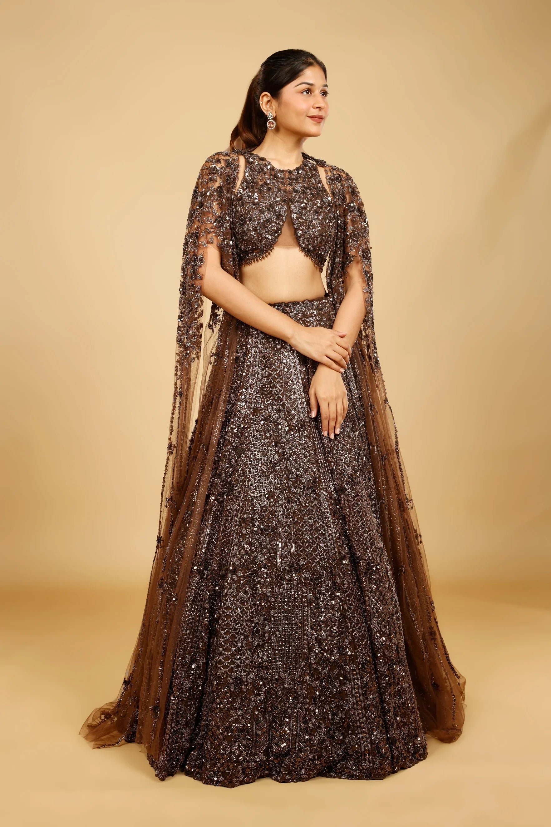 Brown Net Lehenga Set with Sequin, Kutdana & Pearl Embroidery