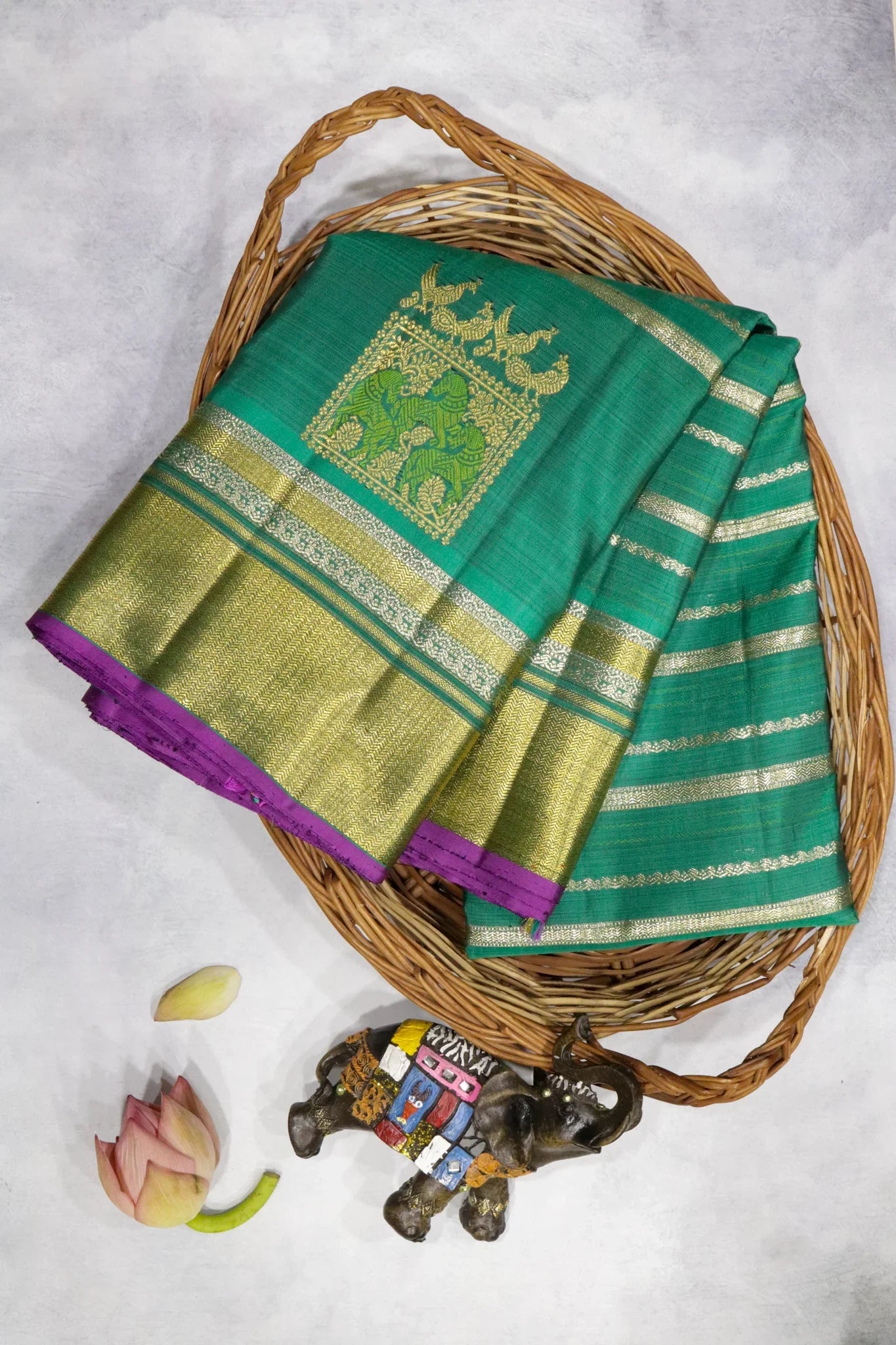 Teal Blue Kanchipuram Silk Saree with Silver Zari Stripes and Zari Border | Mokshaa