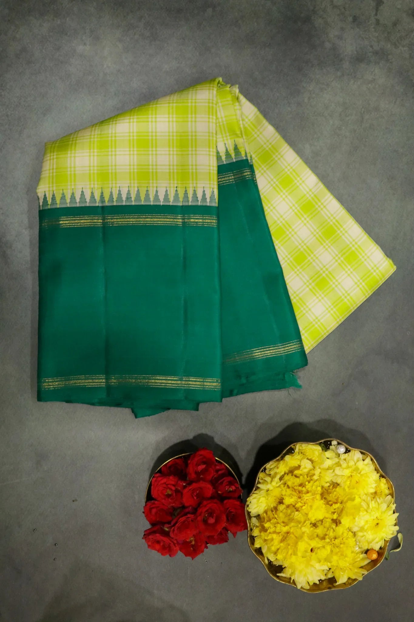 Green Kanchipuram Silk Saree with All-Over Checks & Contrast Silk Border | Mokshaa