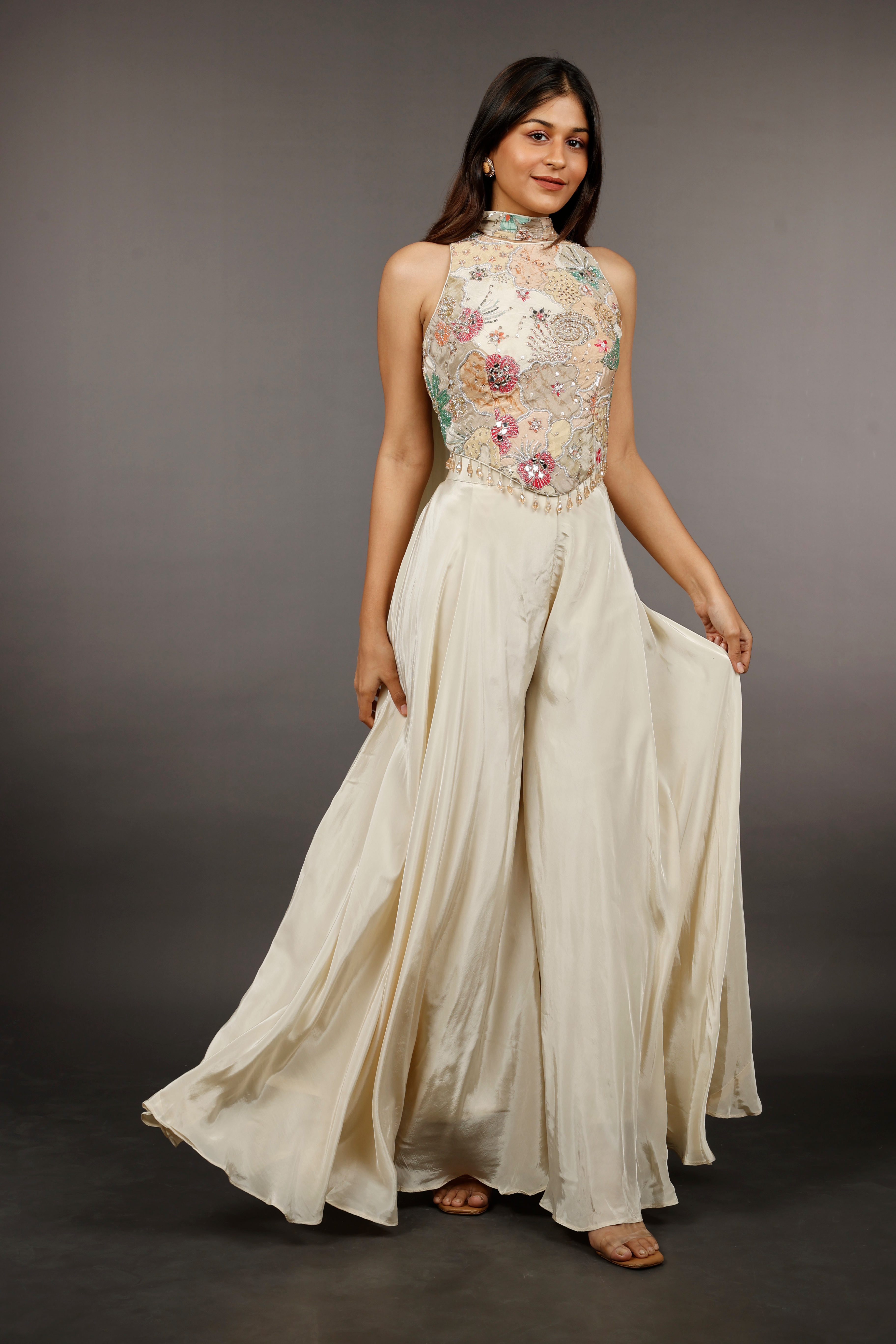 Ivory Satin Silk Corset Palazzo Set with Pearl, Cutdana & Zari Embroidery