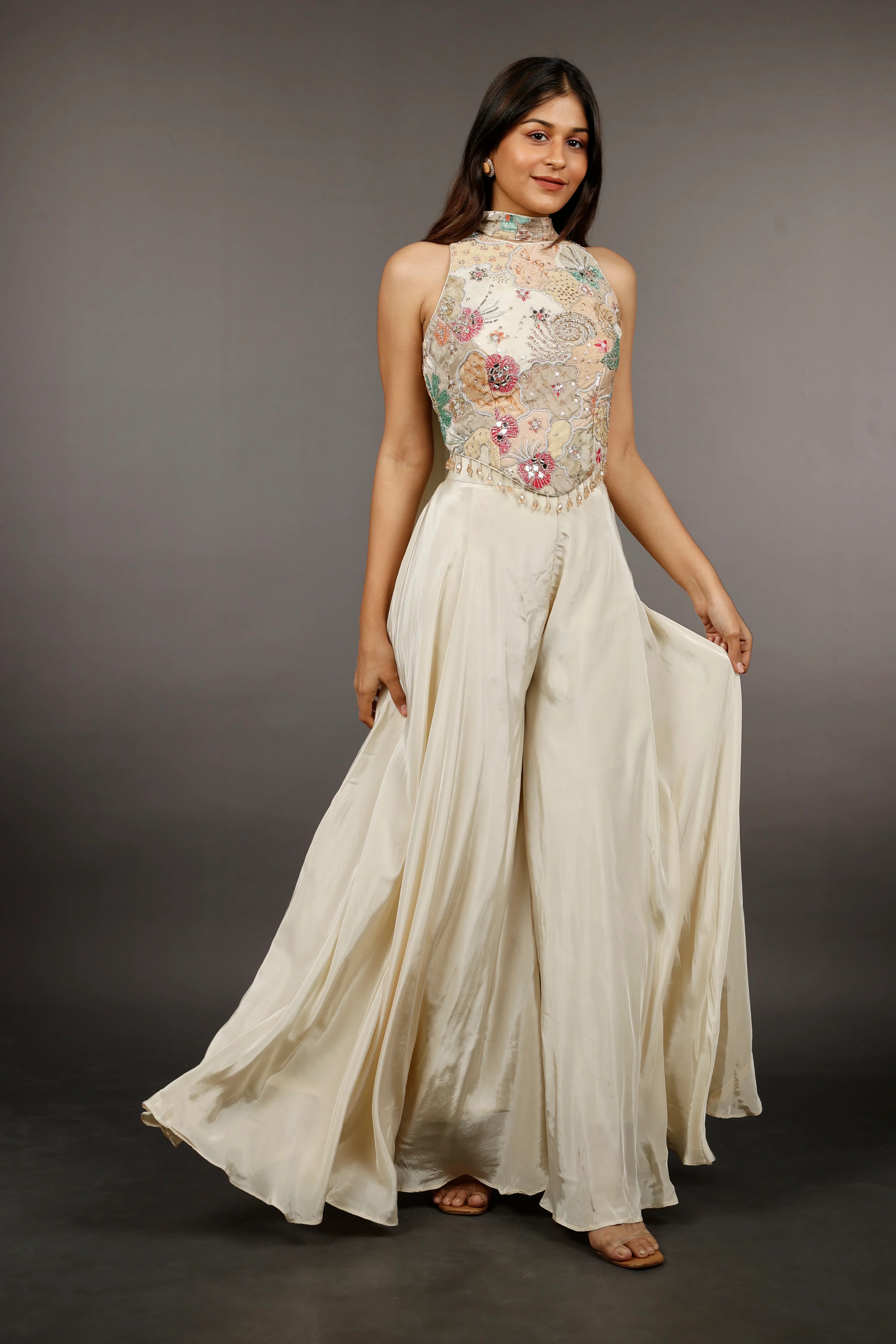 Ivory Satin Silk Corset Palazzo Set with Pearl, Cutdana & Zari Embroidery | Mokshaa