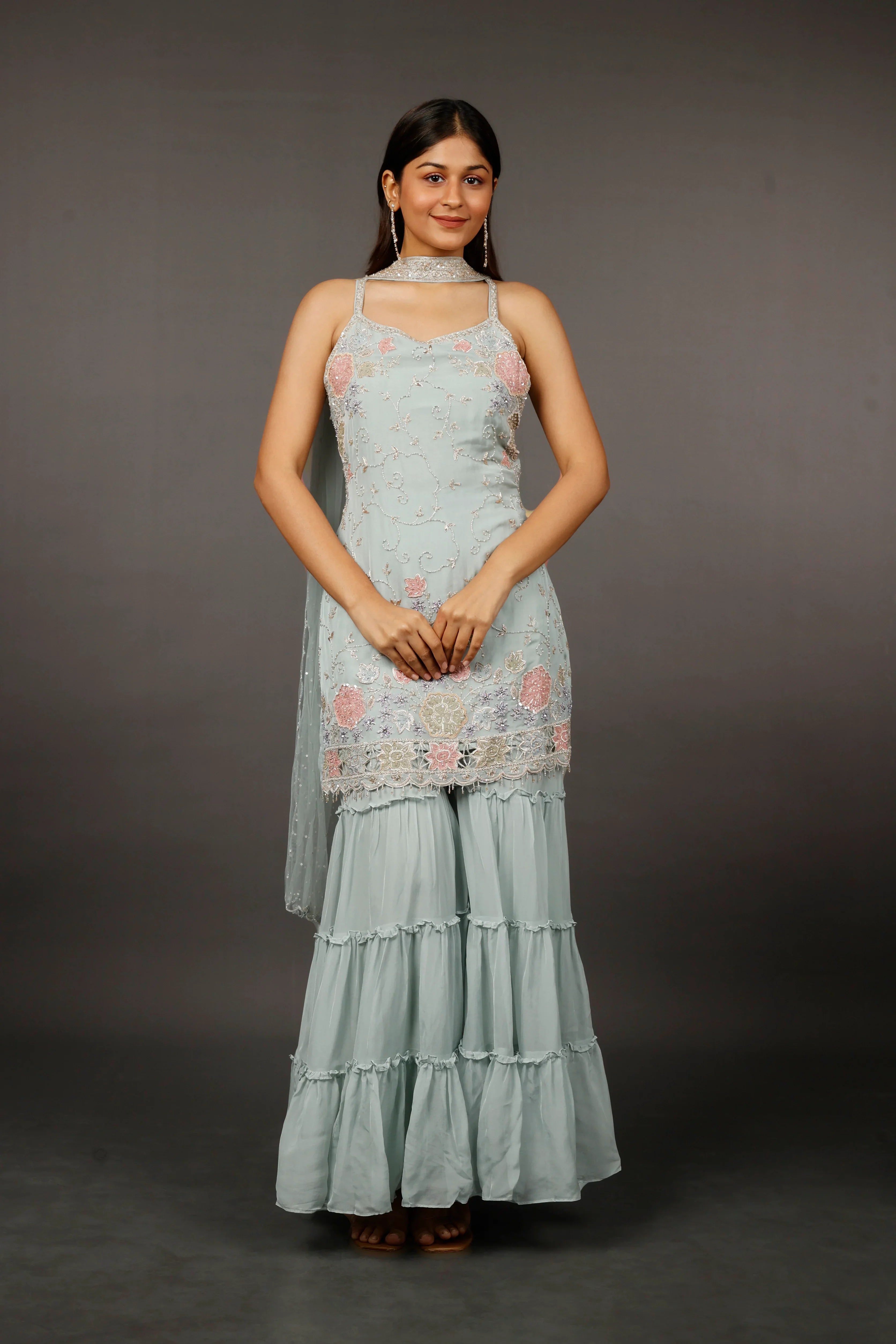 Light Blue Georgette Sharara Set with Shadow, Zari, Pearl, Cutdana & Sequin Embroidery | Mokshaa