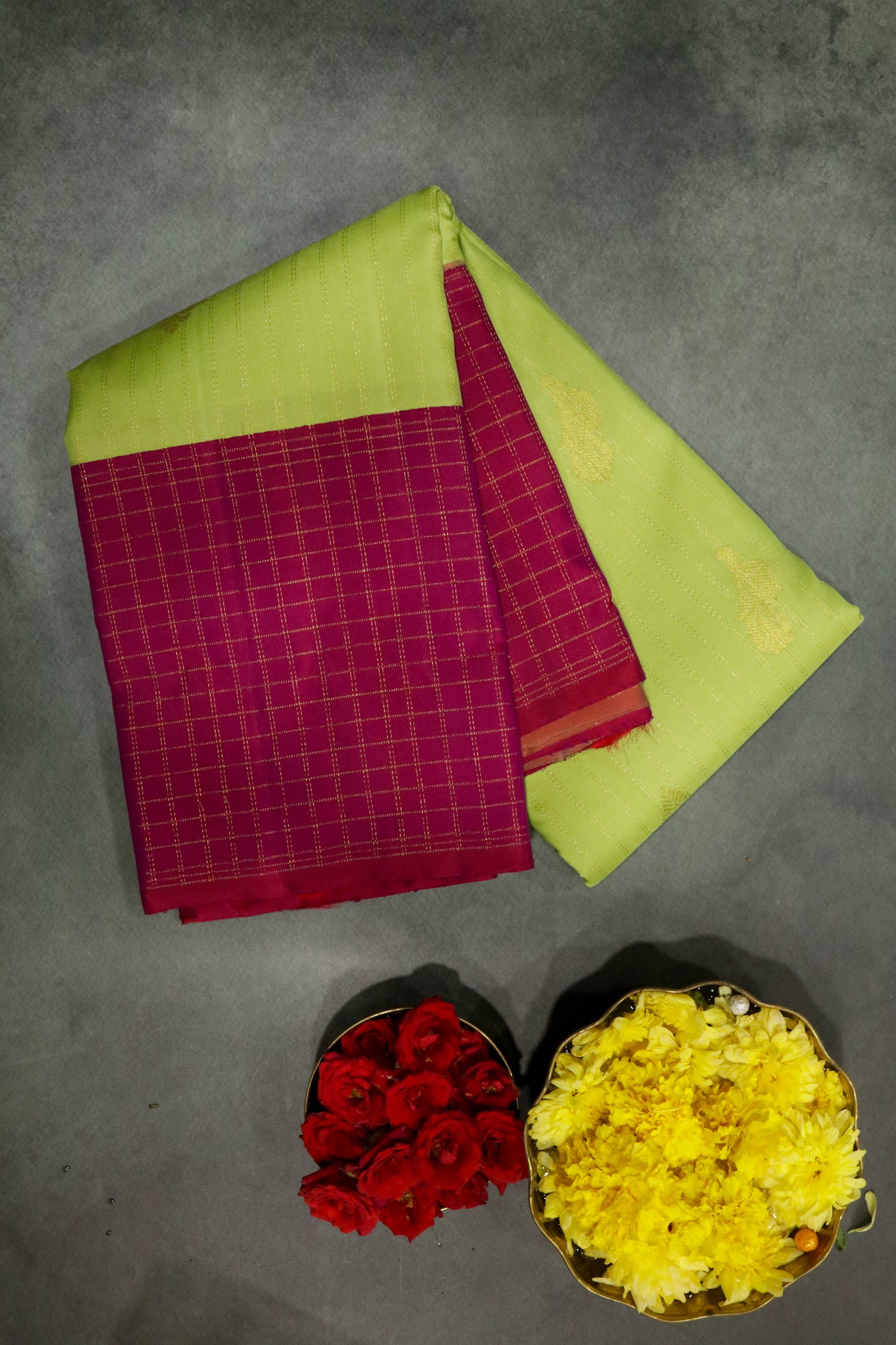 Green with Pink Kanchipuram Silk Saree with Zari Vertical Lines, Motifs & Contrast Zari Checks Border
