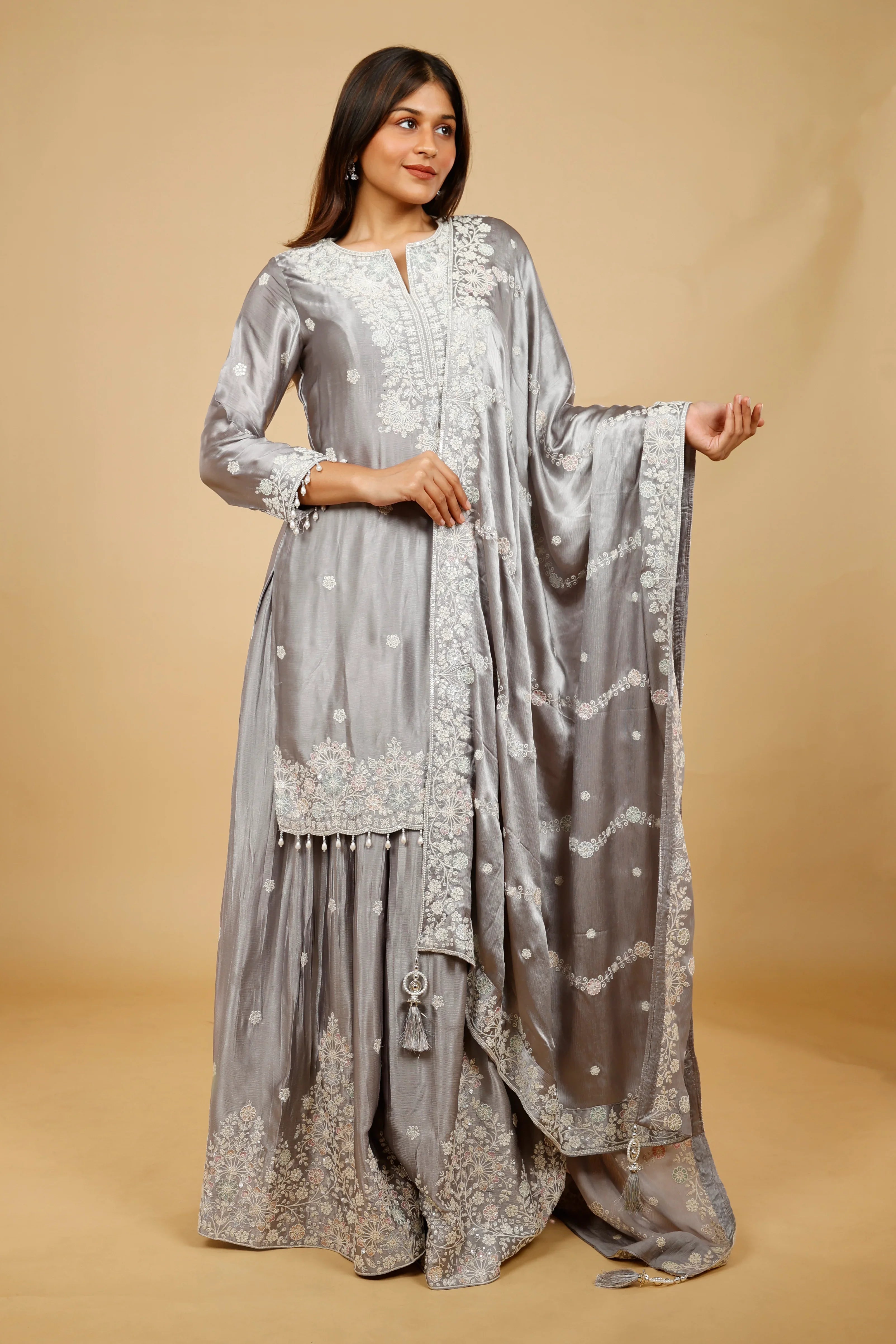 Silver Grey Chinon Silk Sharara Set with Thread, Pearl & Sequin Embroidery | Mokshaa