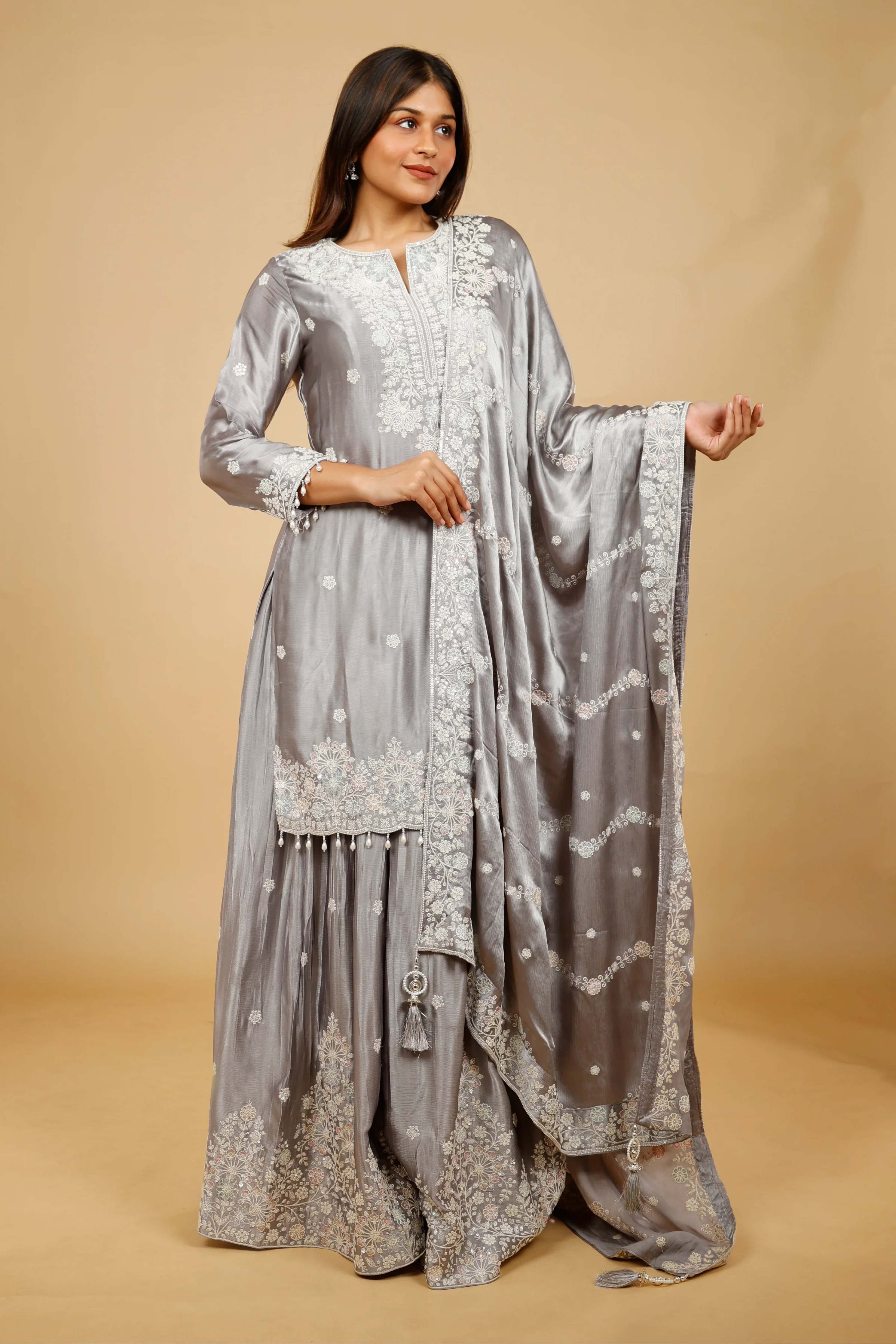 Silver Grey Chinon Silk Sharara Set with Thread, Pearl & Sequin Embroidery - Mokshaa