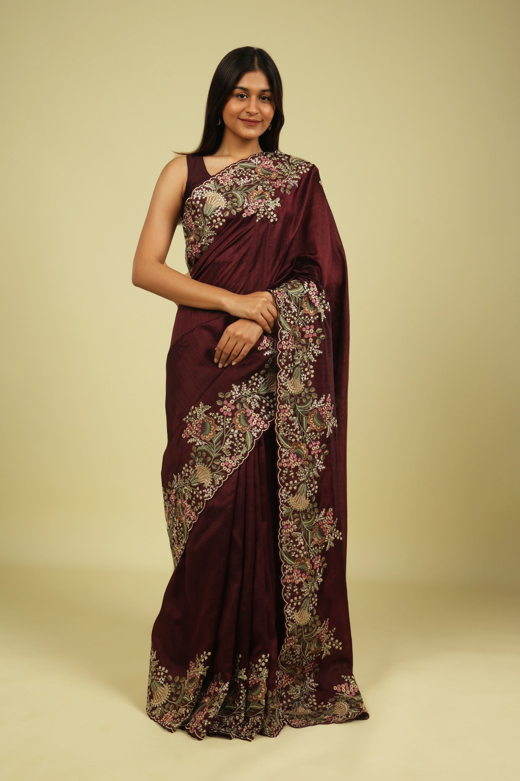 Dark Wine Handloom Tussar Saree with Multi-Thread Embroidered Border