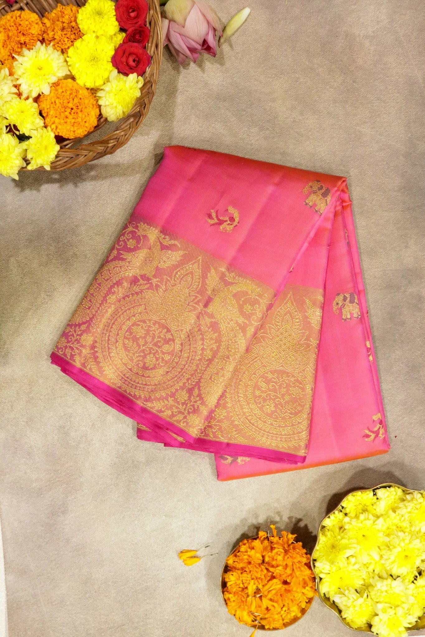 Shaded Pink Kanchipuram Silk Saree with Peacock & Elephant Motifs and Fancy Border | Mokshaa