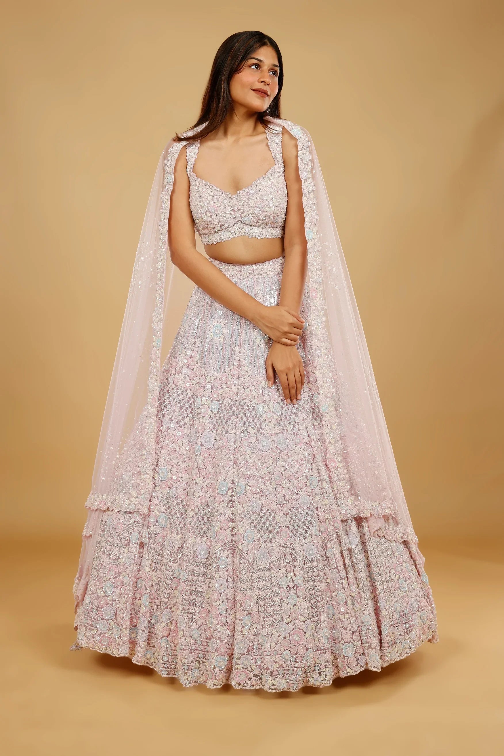 Pink Net Lehenga Set with Multi-Colour Sequin, Pearl & Stone Embroidery
