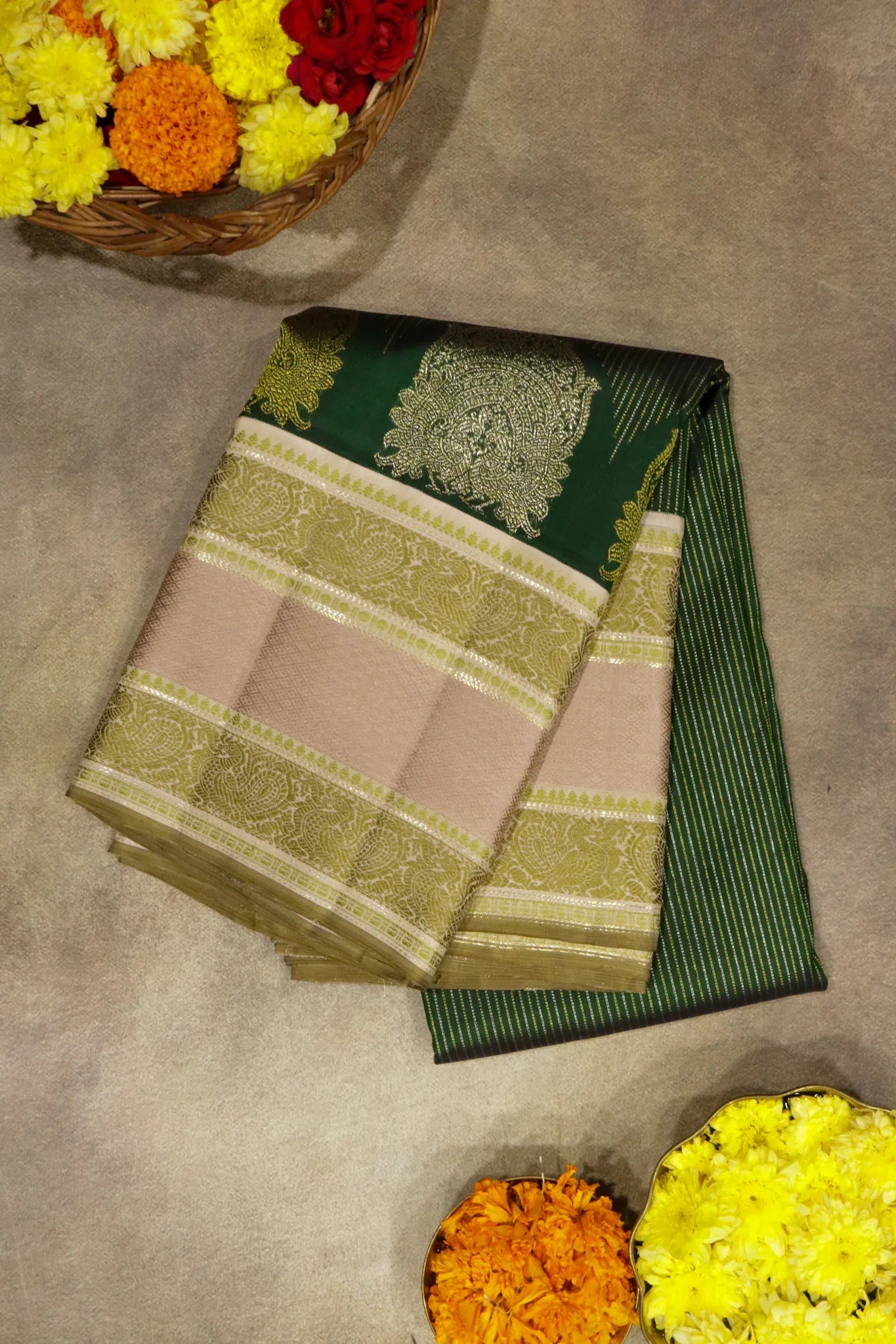 Bottle Green Kanchipuram Silk Saree with Self Stripes, Zari Weaving & Contrast Thread Border | Mokshaa