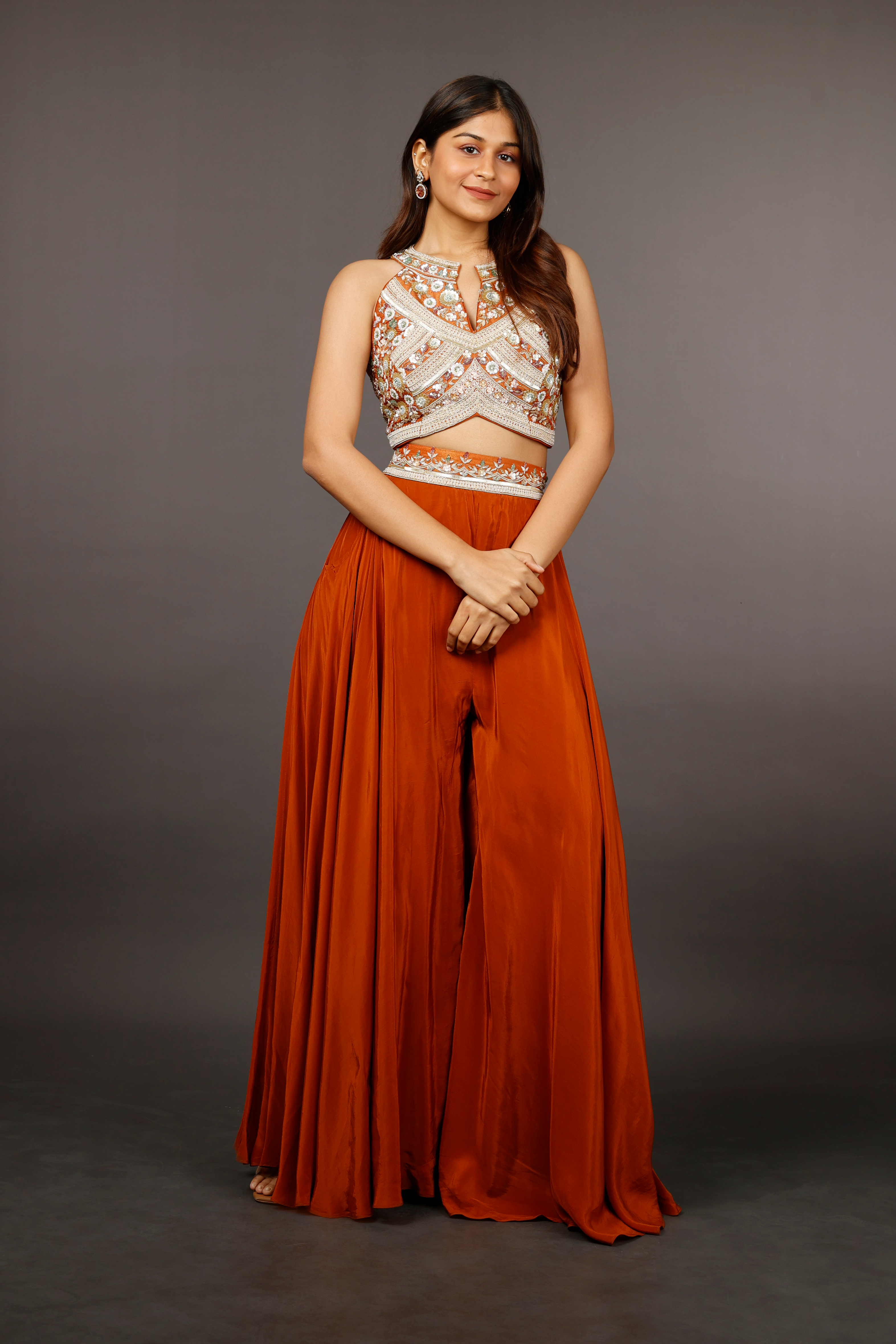 Rust Orange Crepe Silk Crop Top with Palazzo, Tissue Halter Blouse