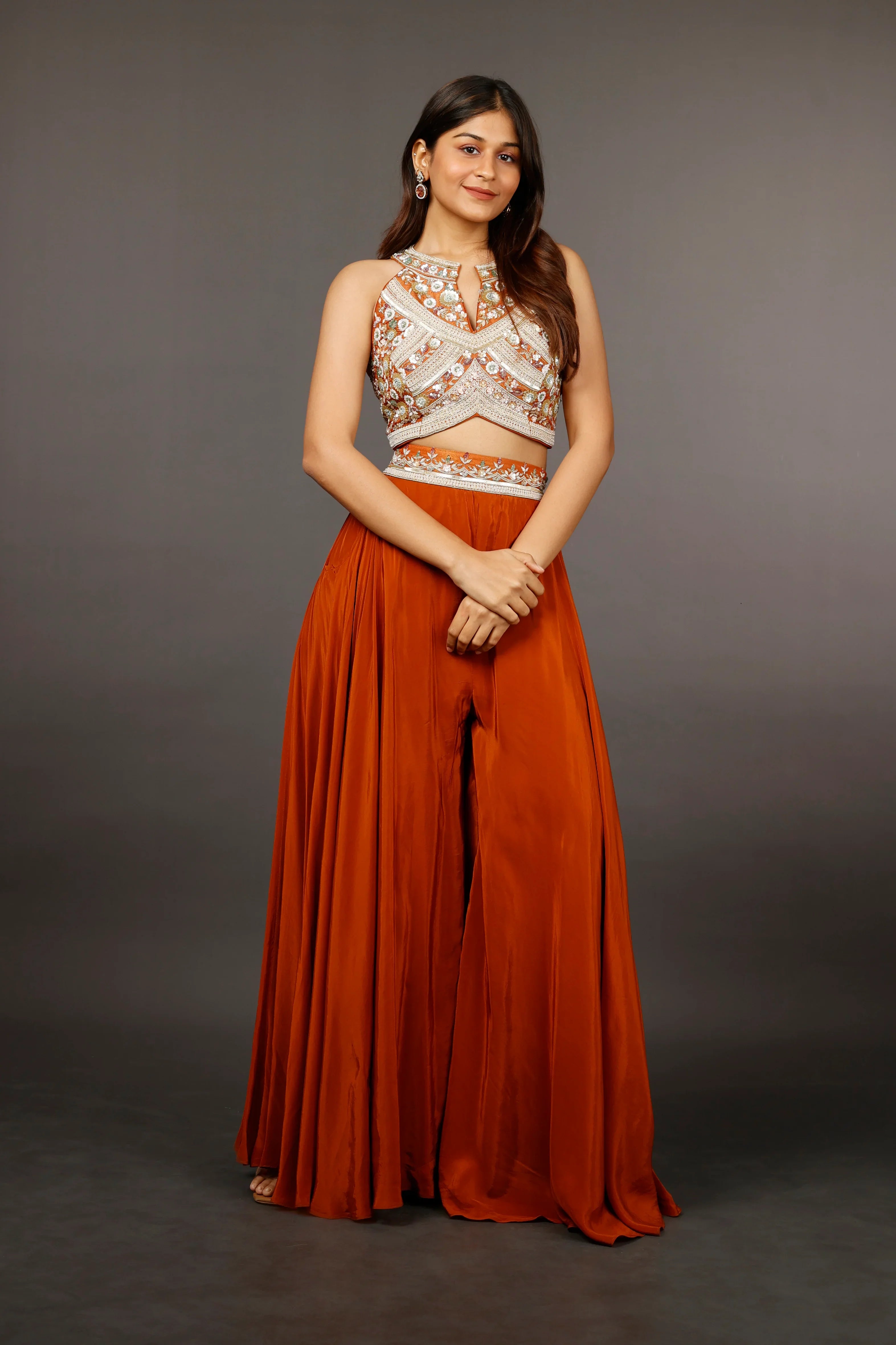 Rust Orange Crepe Silk Crop Top with Palazzo, Tissue Halter Blouse | Mokshaa