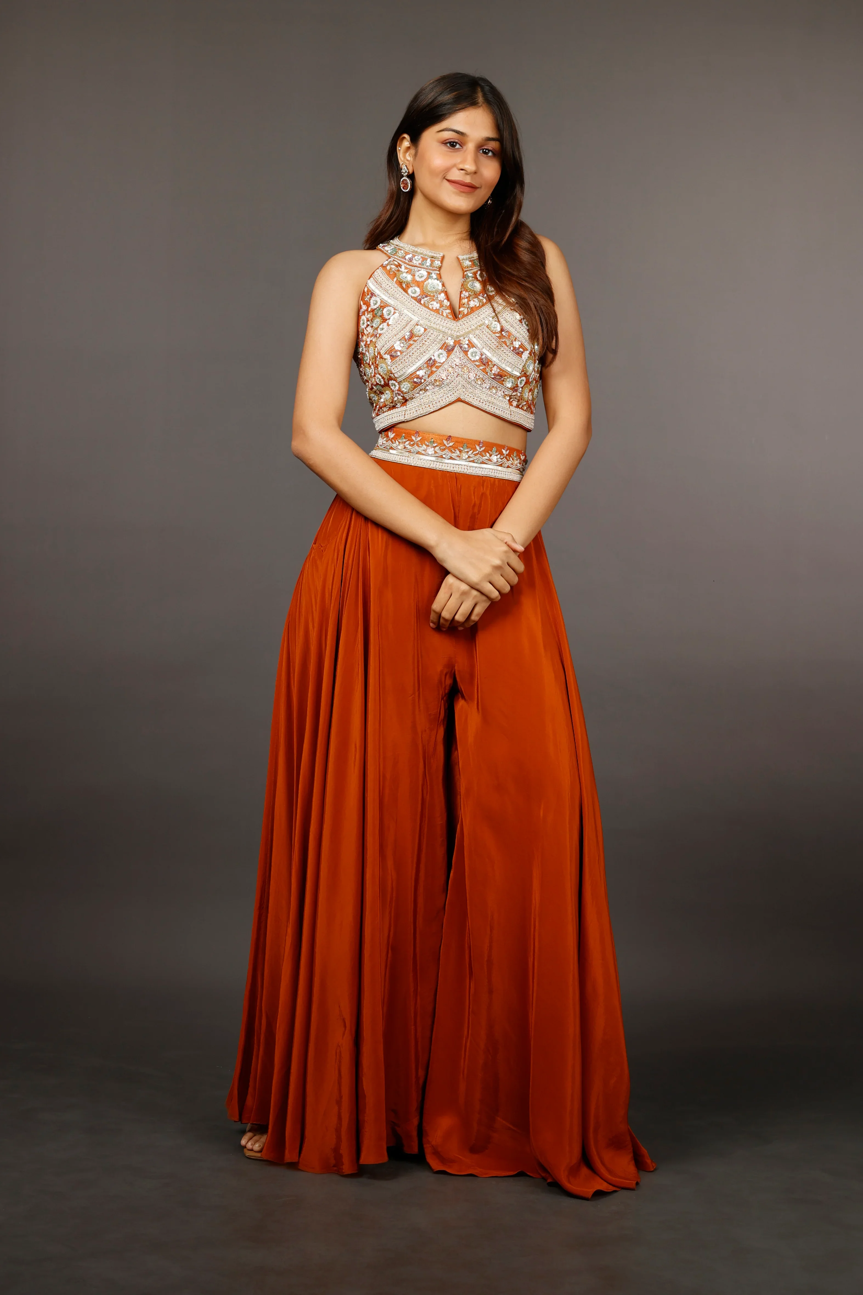 Rust Orange Crepe Silk Crop Top with Palazzo, Tissue Halter Blouse - Mokshaa