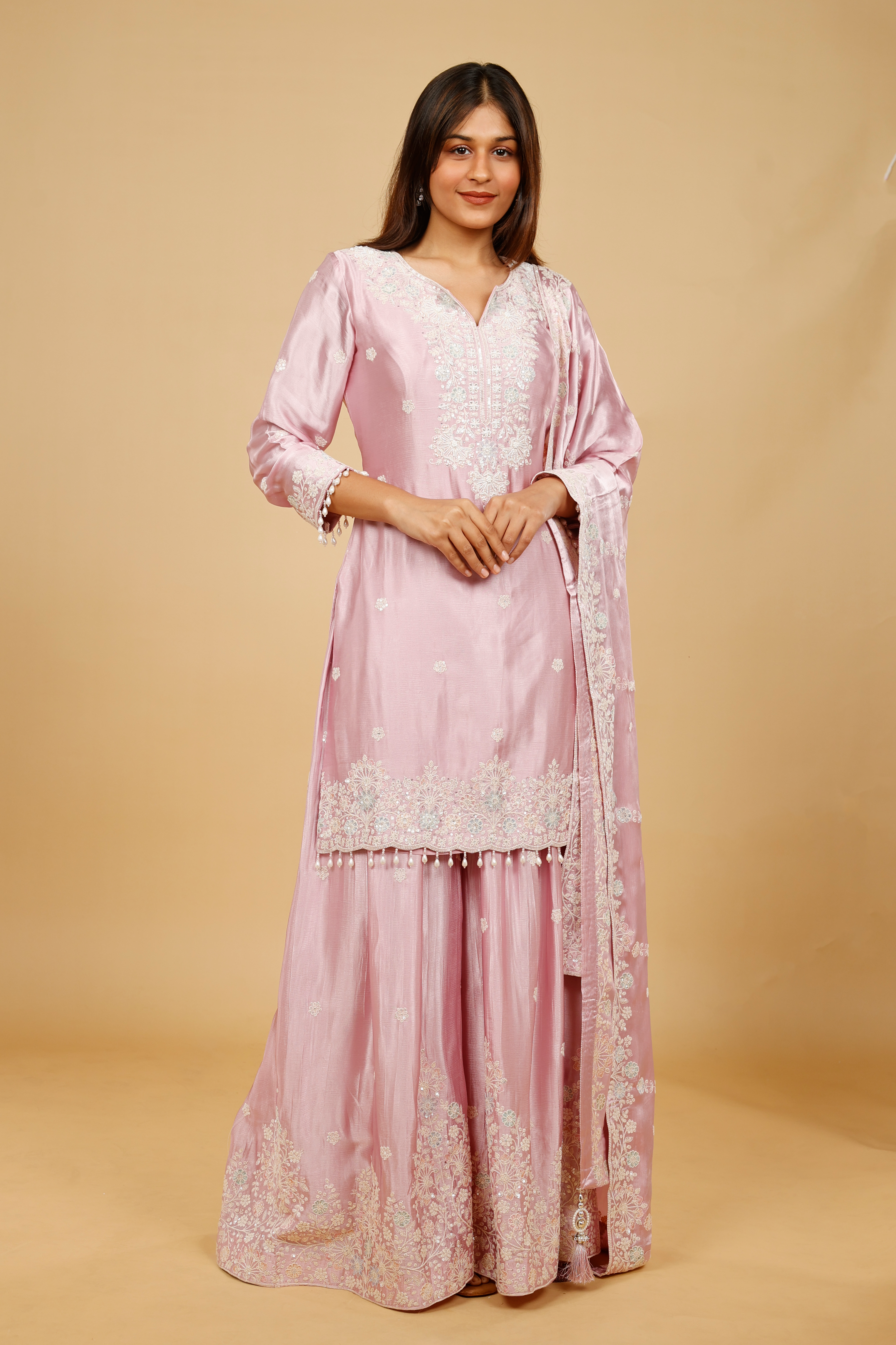 Blush Pink Chinon Silk Sharara Set with Thread, Pearl & Sequin Embroidery