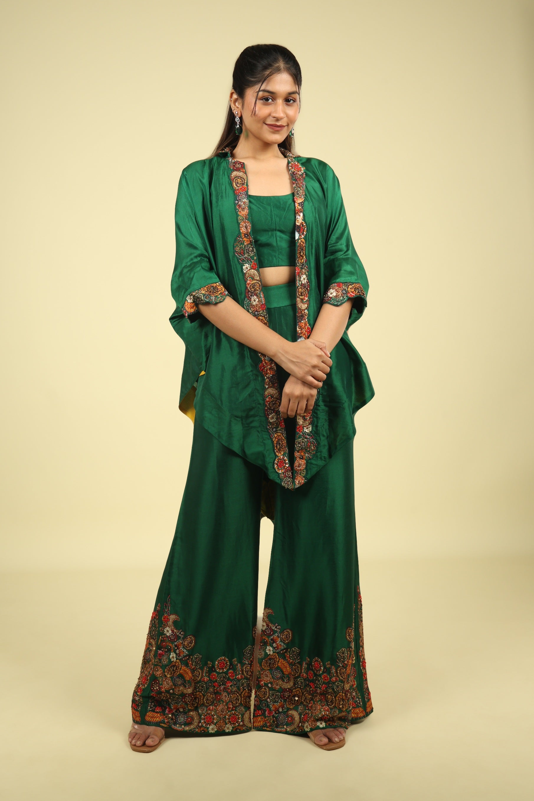 Green Silk Co-Ord Set with Placement Print & Metallic Embroidery