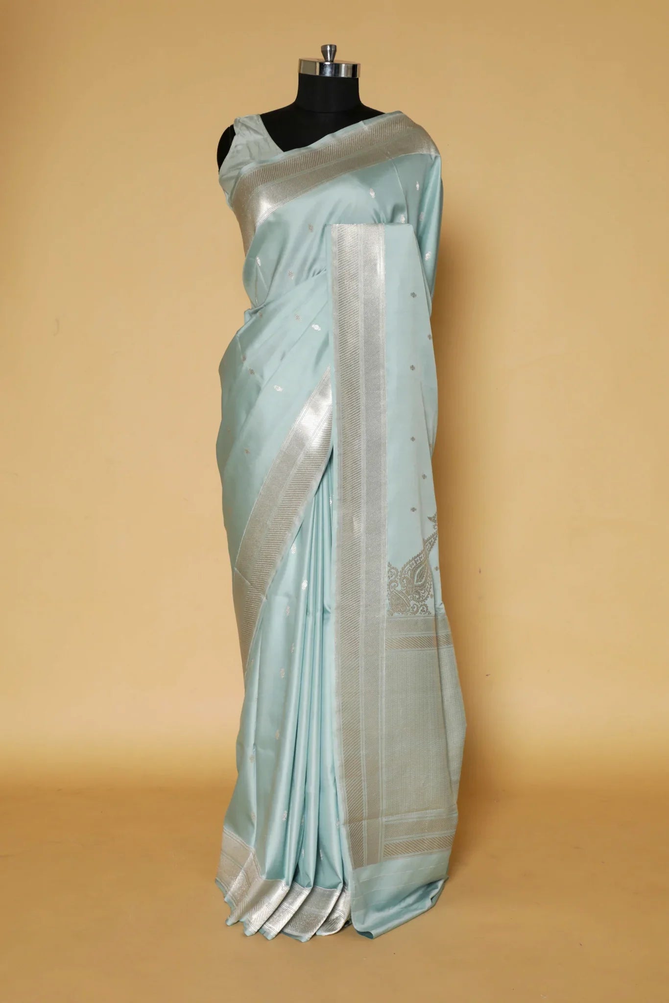 Light Blue Banarasi Mushroom Silk Saree with Silver Motifs & Silver Zari Border | Mokshaa