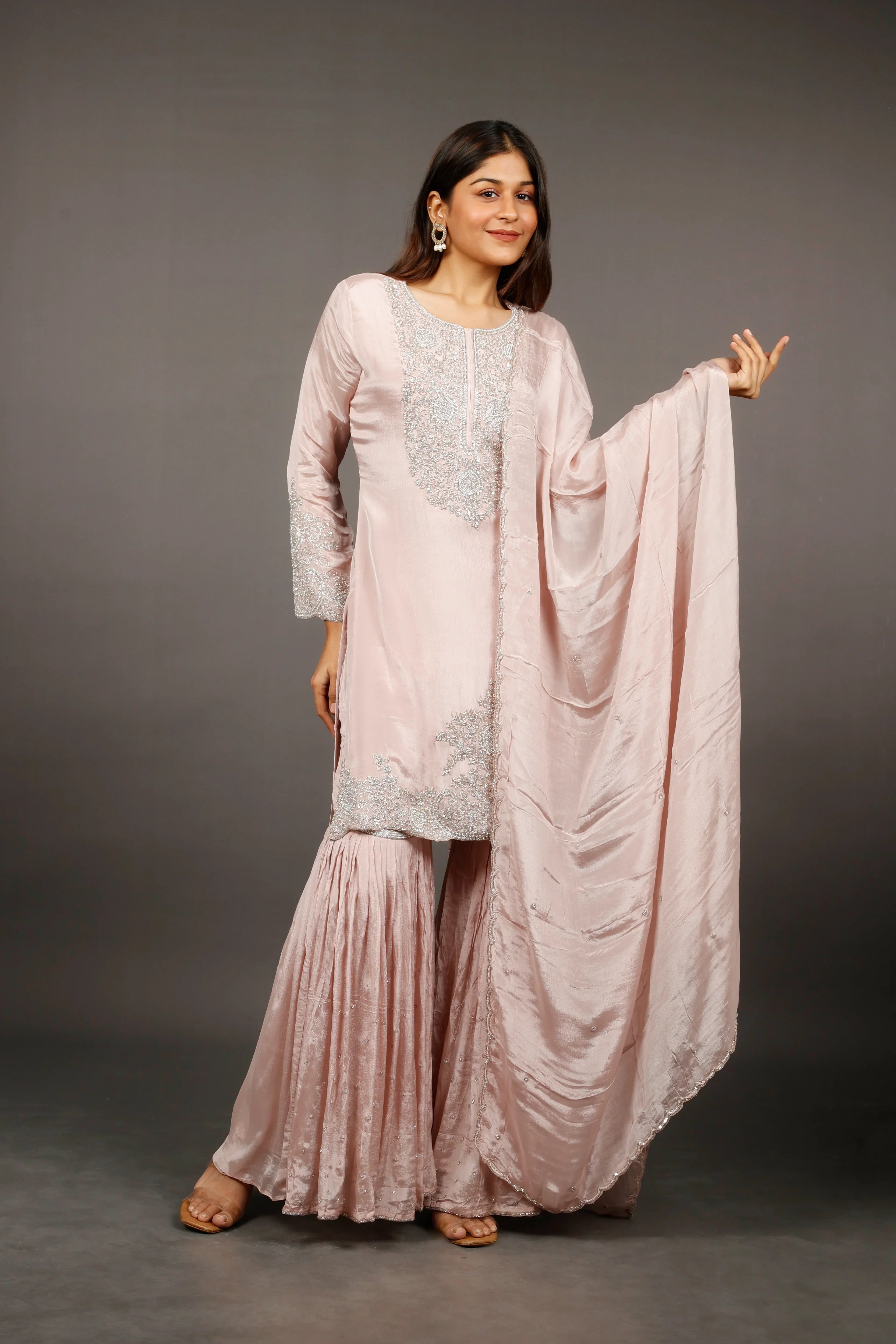 Blush Pink Chinon Silk Sharara Set with Kutdana & Pearl Embroidery | Mokshaa