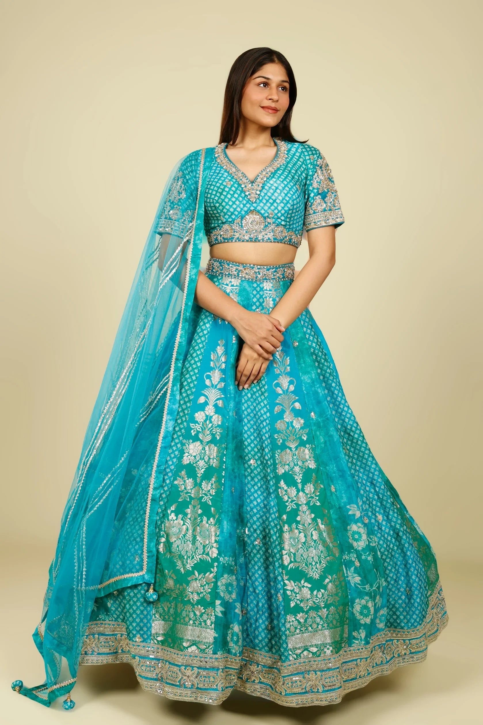 Teal Banarasi Printed Lehenga Set with Zari, Zardozi & Sequin Embroidery | Mokshaa