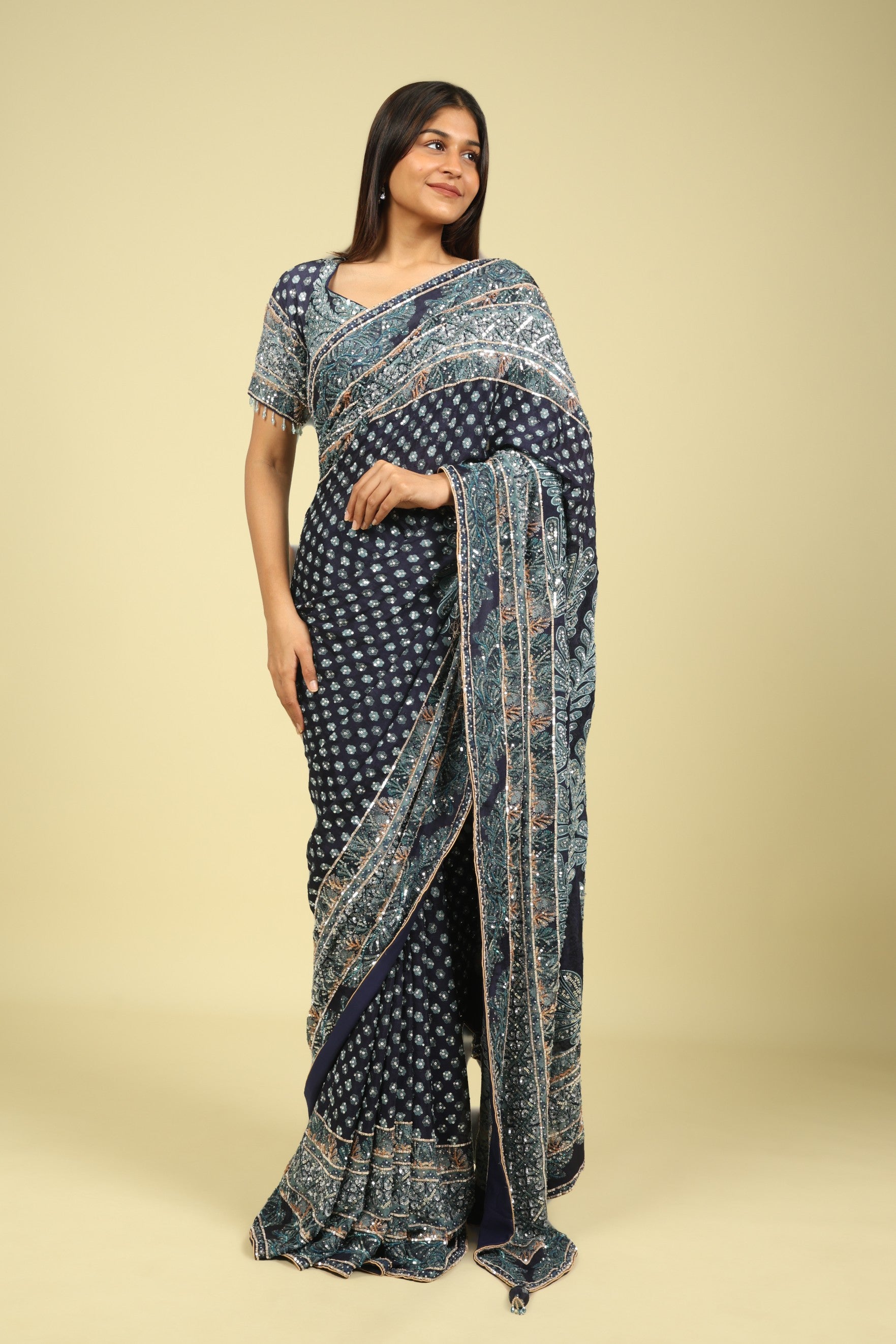 Dark Blue Soft Georgette Saree with All-Over Fancy Sequin Highlights