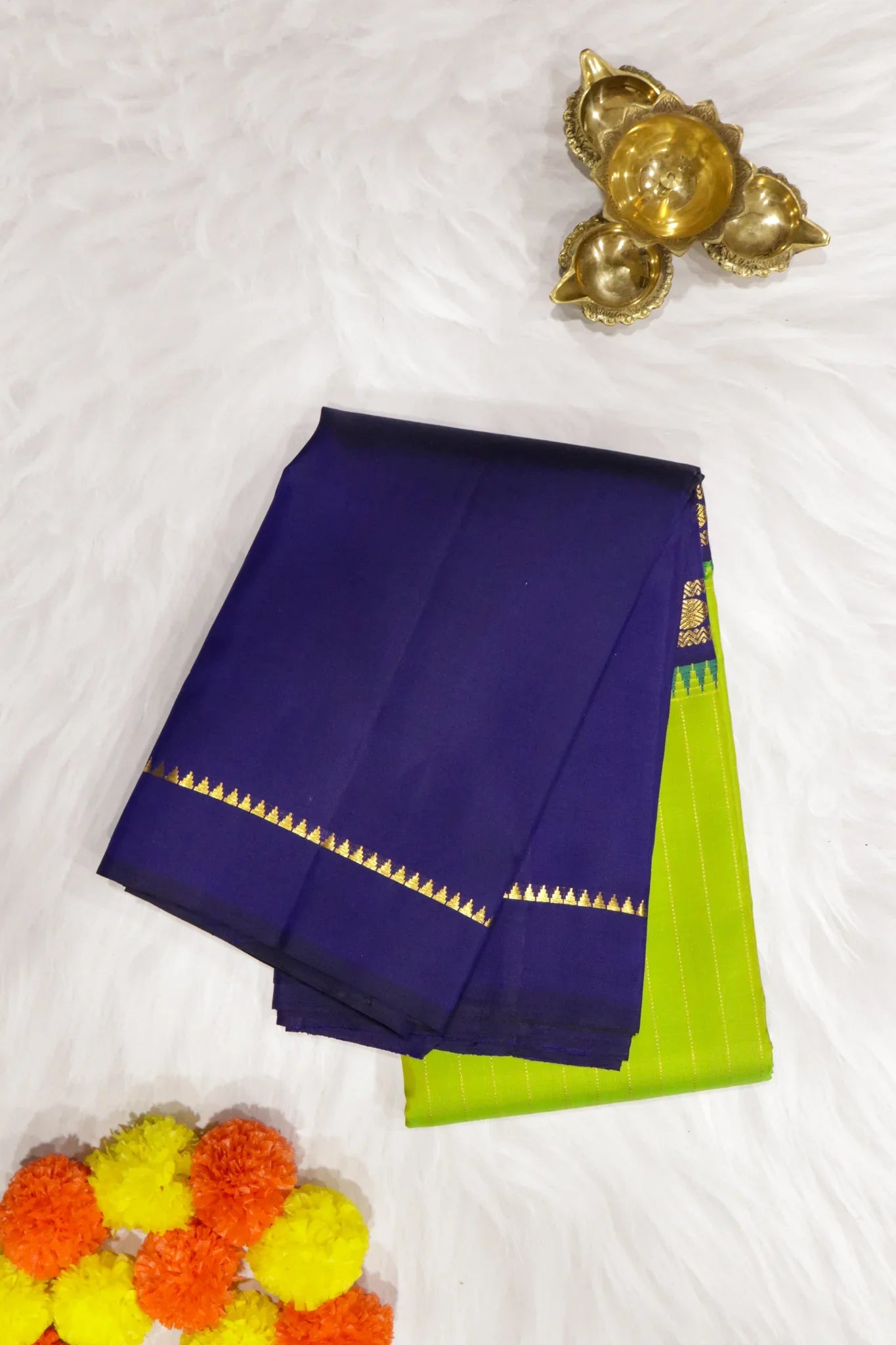 Green & Blue Kanchipuram Silk Saree with Vertical Zari Lines & Rudraksha Border | Mokshaa