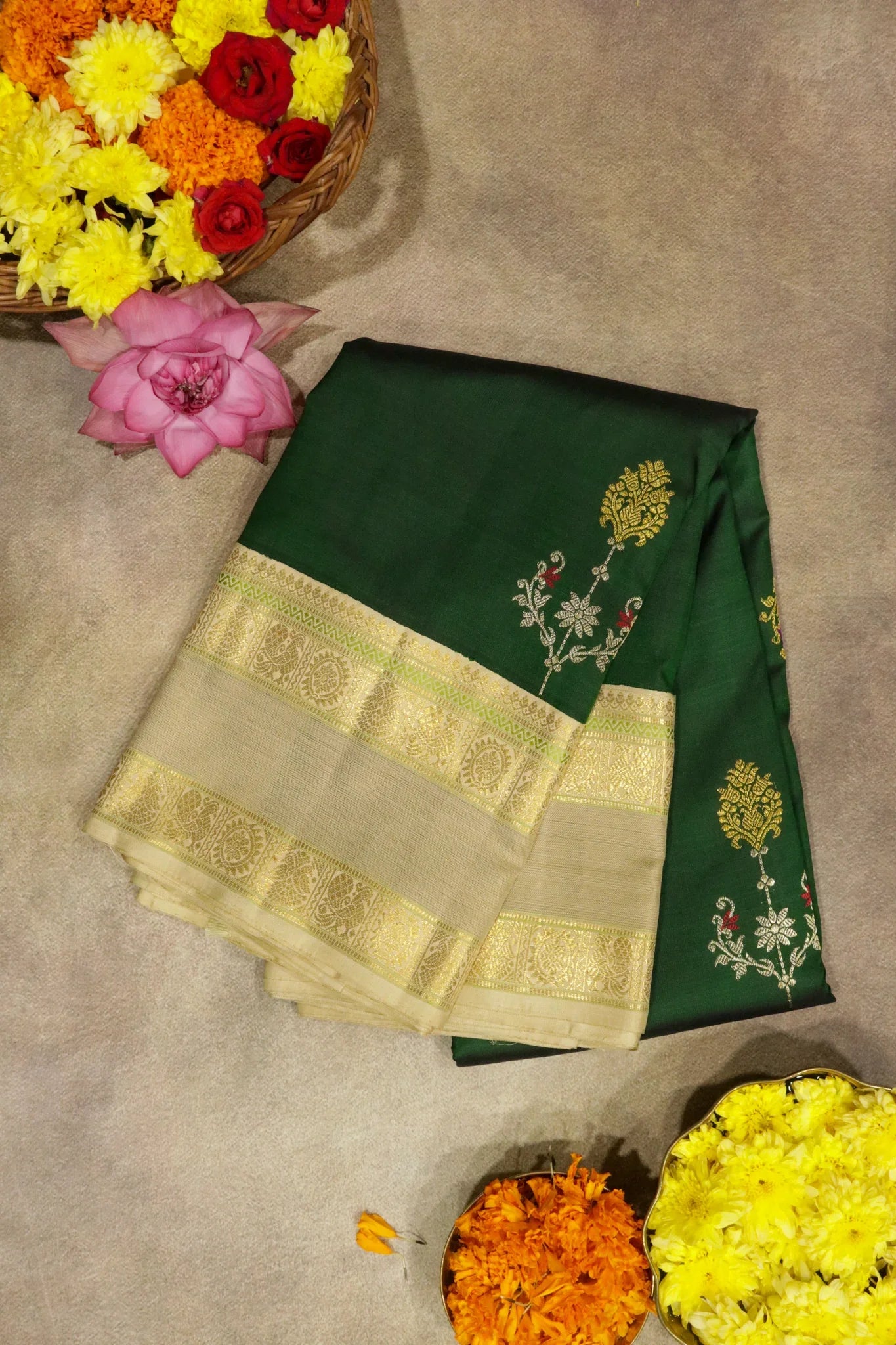 Bottle Green Kanchipuram Silk Saree with Silver & Gold Zari Thread Motifs and Contrast Border | Mokshaa