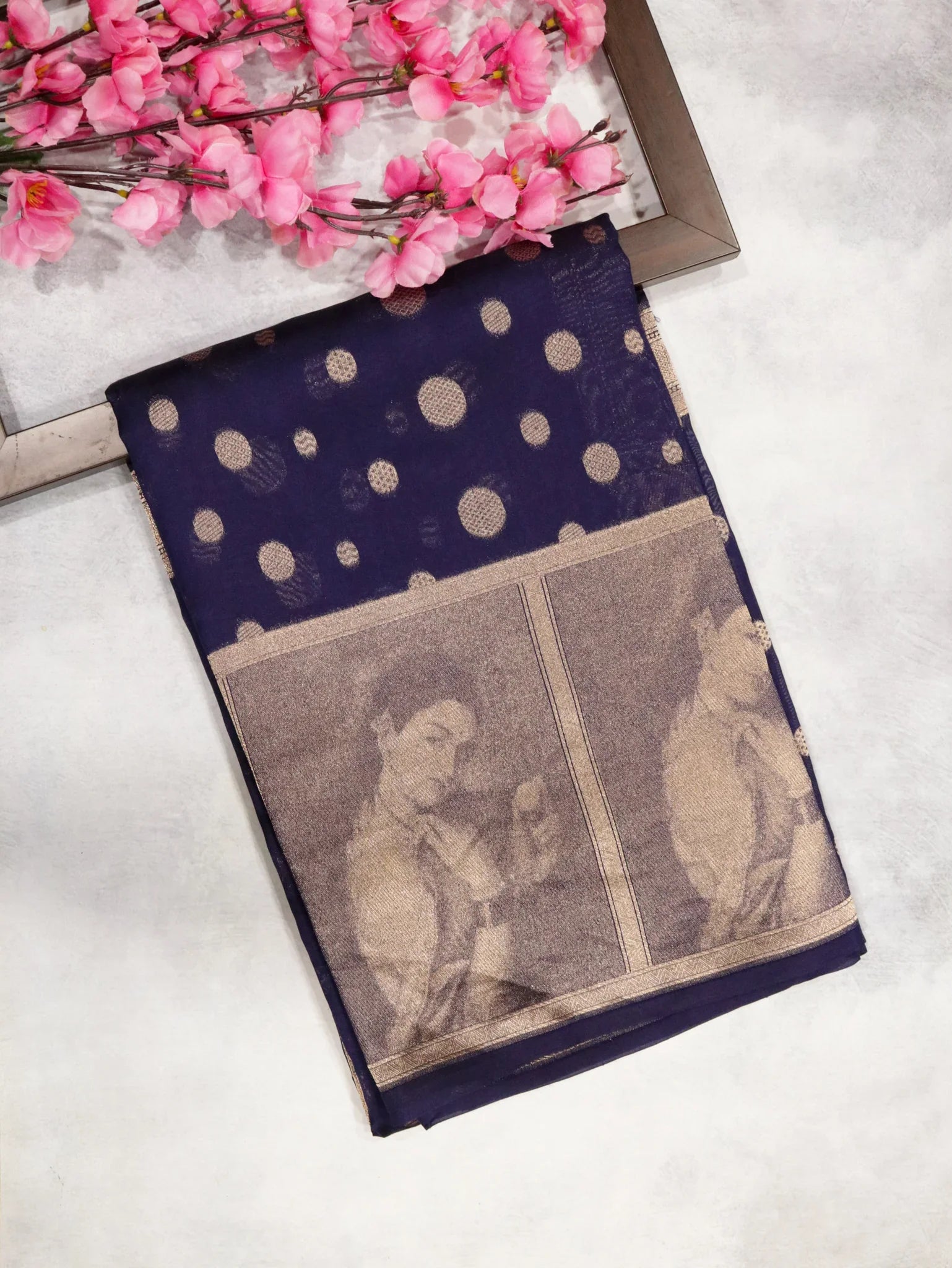 Navy Blue Banarasi Chanderi Silk Saree with All-Over Coins Butta & Digital Weaving | Mokshaa