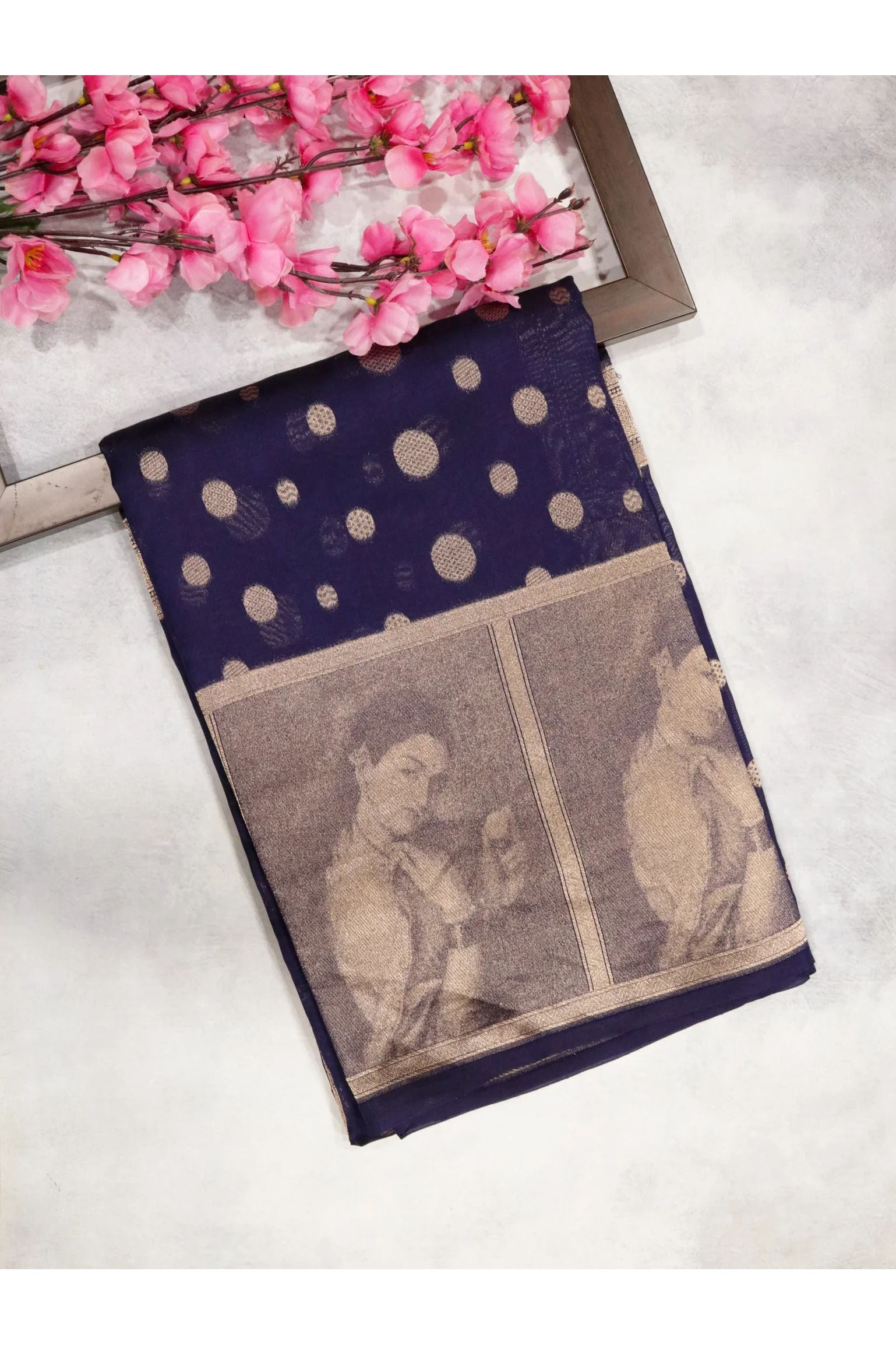 Navy Blue Banarasi Chanderi Silk Saree with All-Over Coins Butta & Digital Weaving - Mokshaa