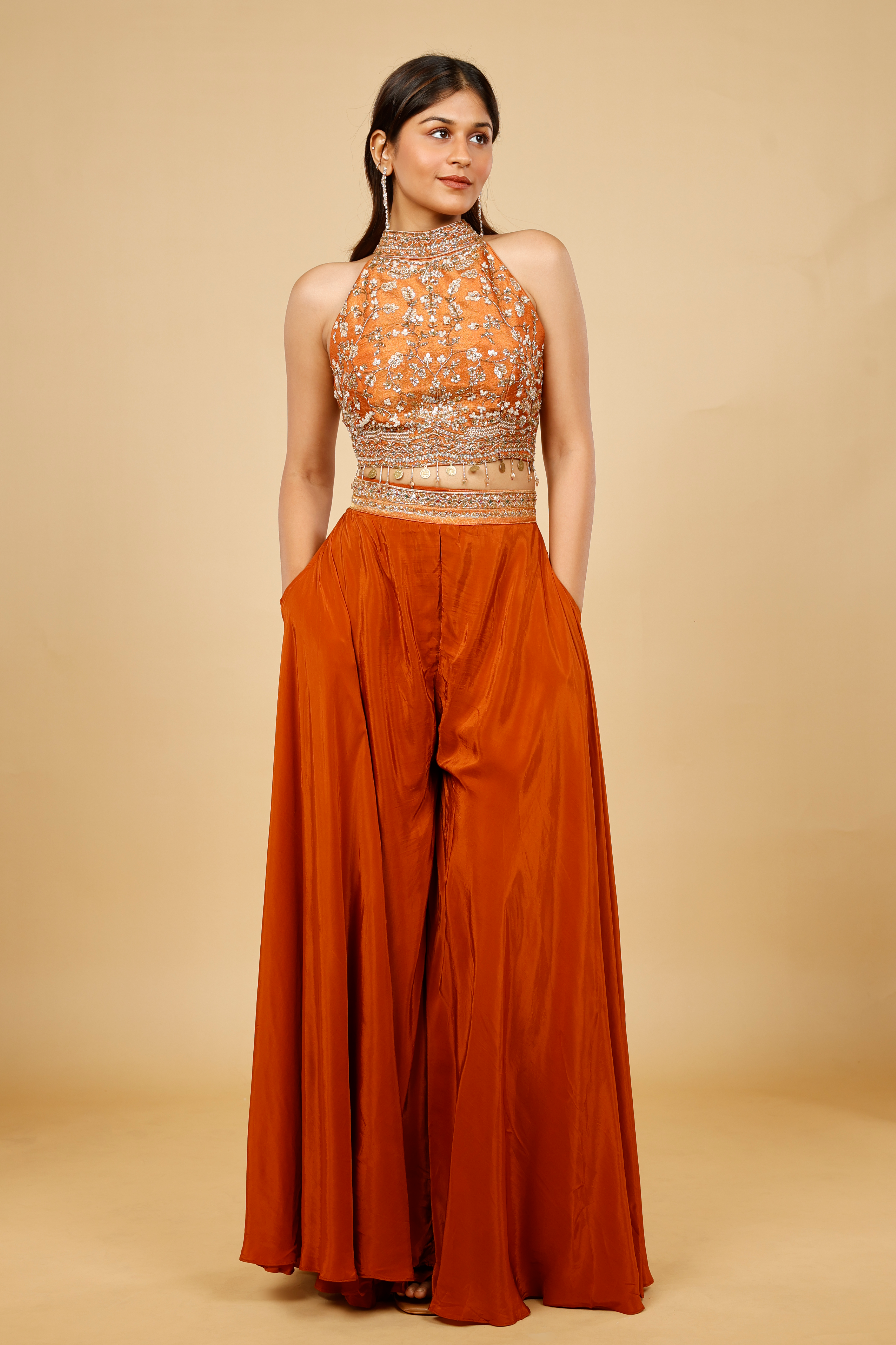 Rust Orange Crepe Silk Crop Top Palazzo Set with Sequin, Cutdana & Pearl Embroidery
