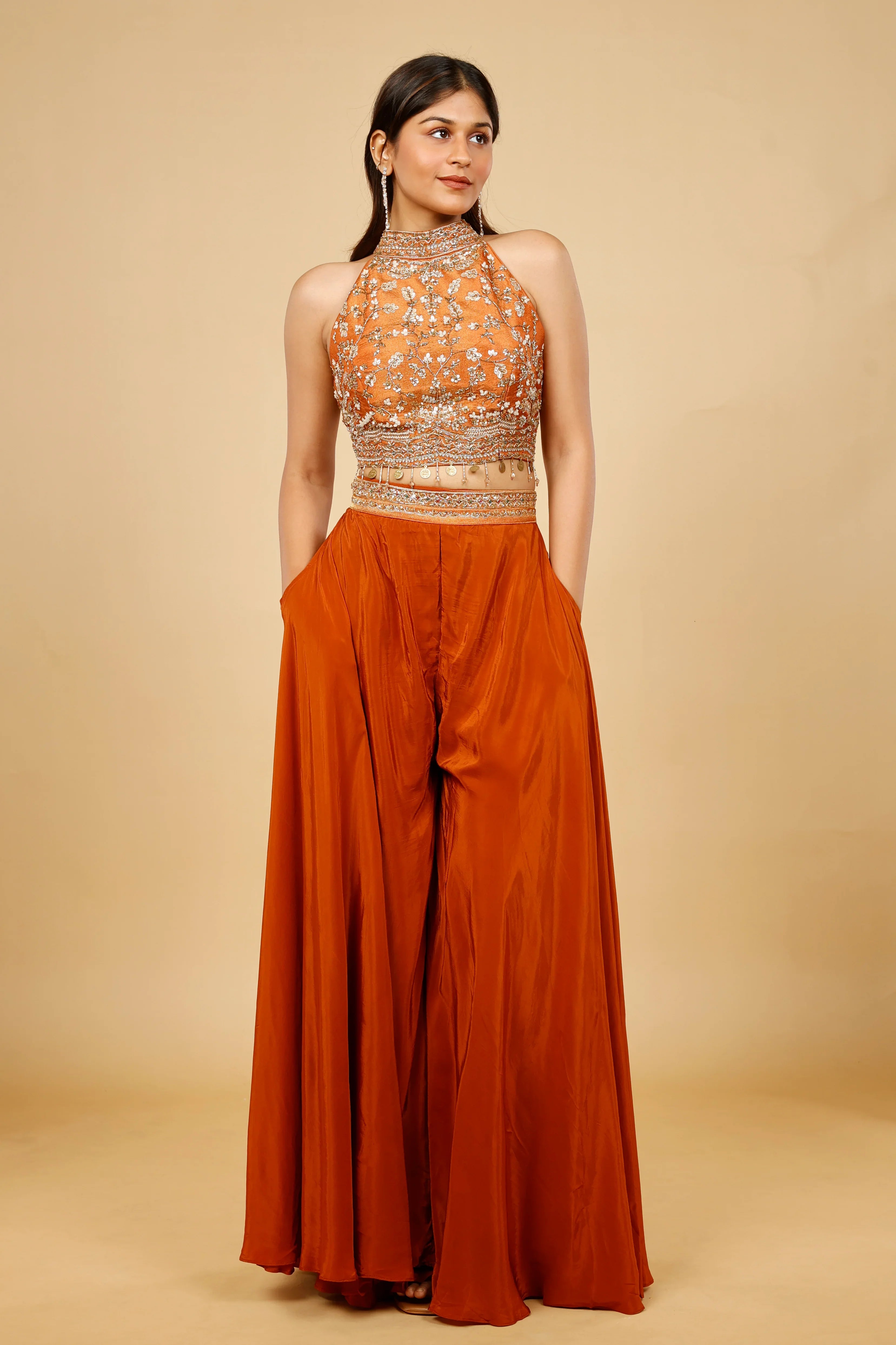 Rust Orange Crepe Silk Crop Top Palazzo Set with Sequin, Cutdana & Pearl Embroidery | Mokshaa