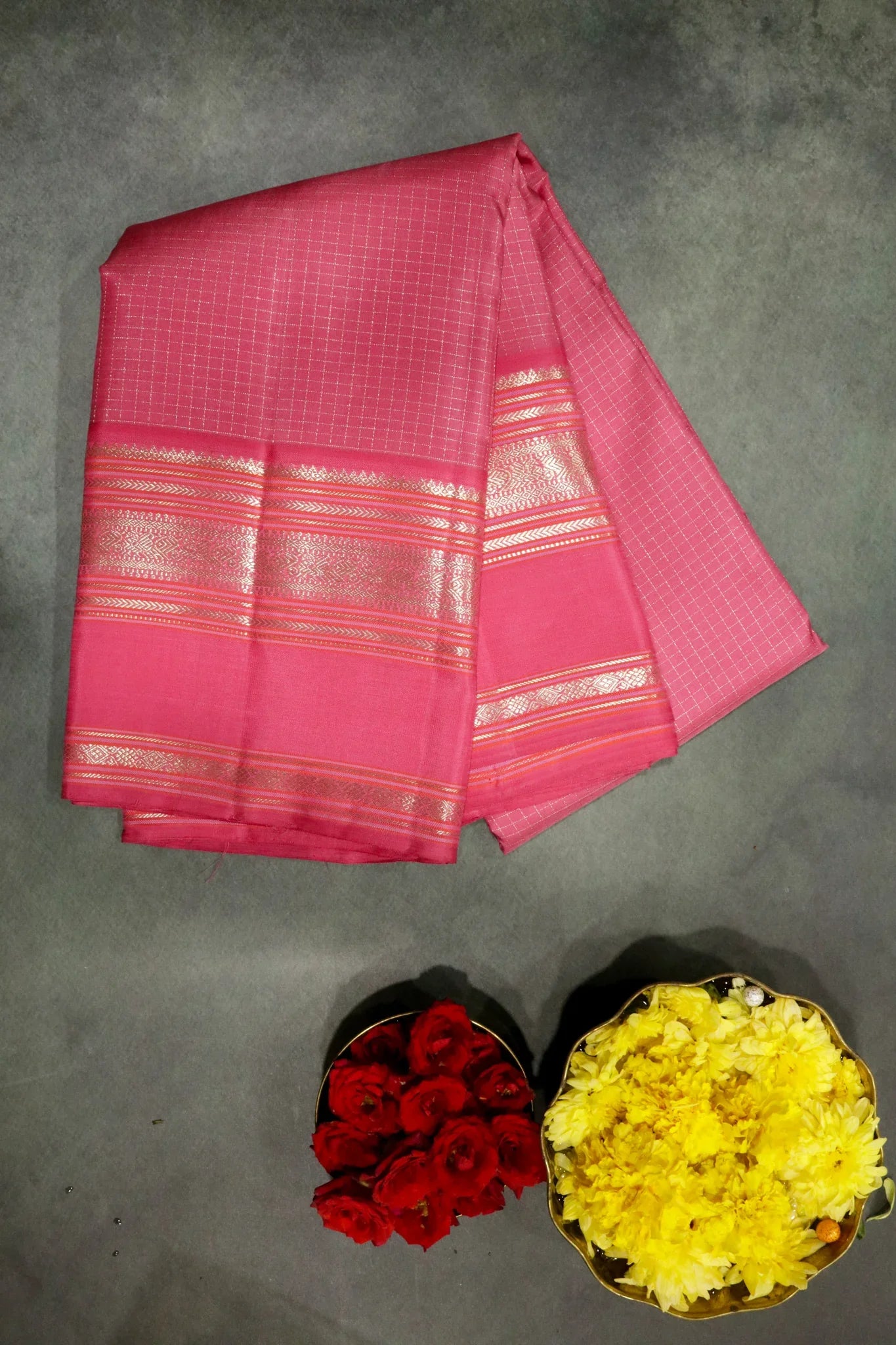 Light Pink Kanchipuram Silk Saree with Zari Checks & Zari Weaving Border | Mokshaa