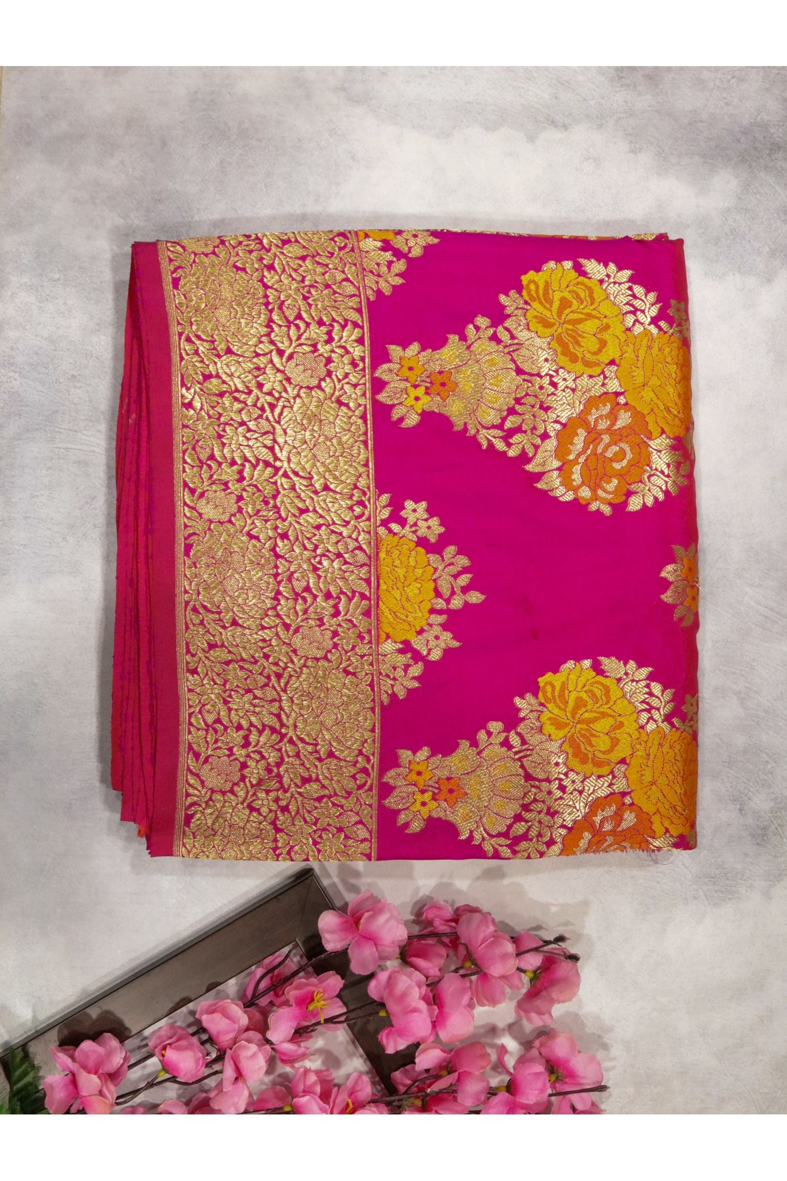 Rani Pink Banarasi Silk Saree with Zari & Thread Weaving - Mokshaa