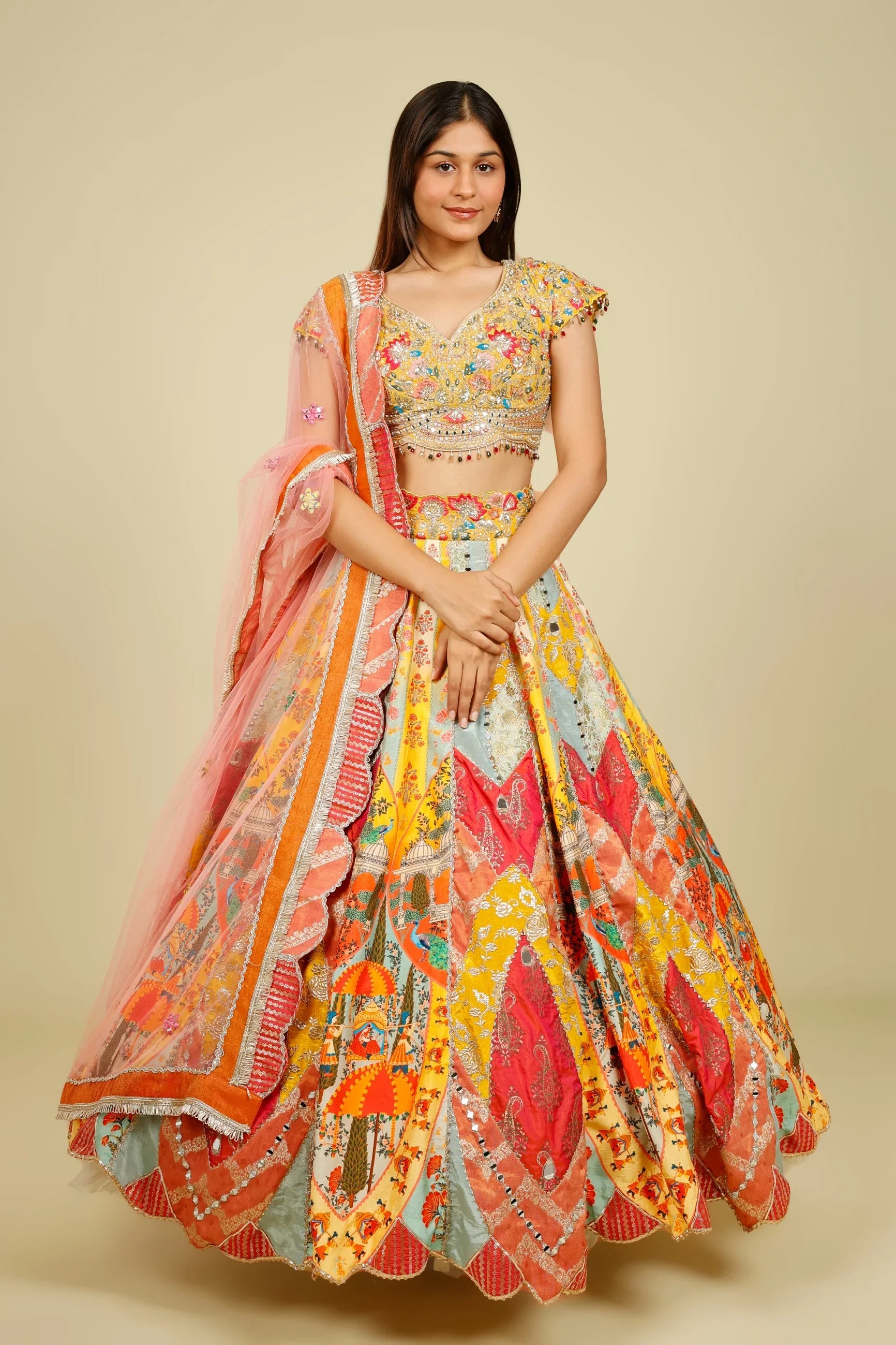 Multicolour Printed Silk Patchwork Lehenga Set with Mirror & Zari Embroidery | Mokshaa