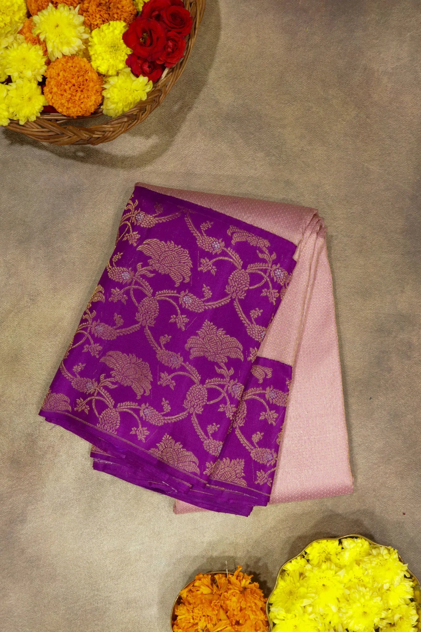 Onion Pink Kanchipuram Silk Saree with Self Zari Weaving and Contrast Zari Jaal Border | Mokshaa