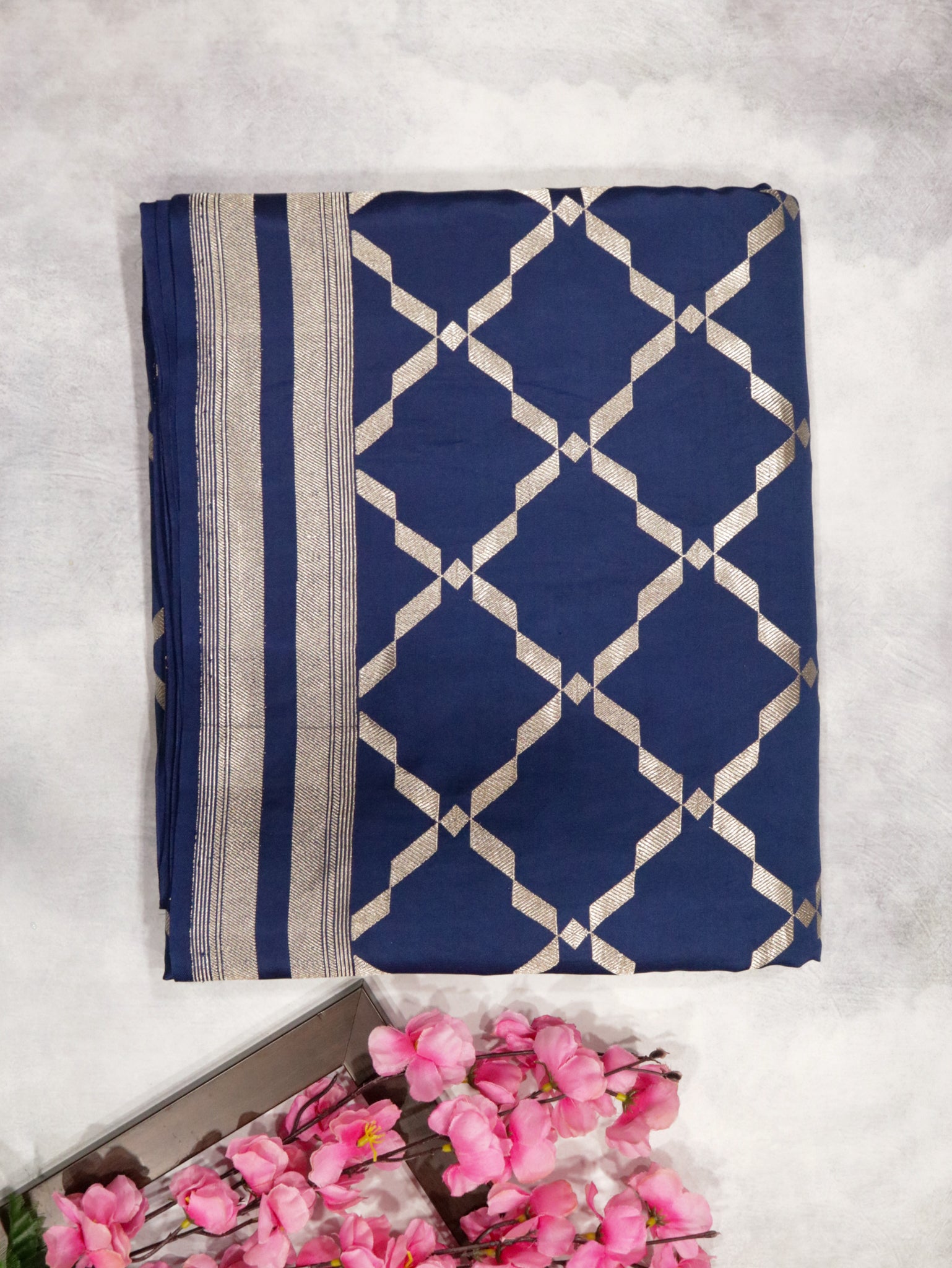 Indigo Blue Banarasi Mushroom Silk Saree with Silver Zari Geometric Jaal & Zari Border