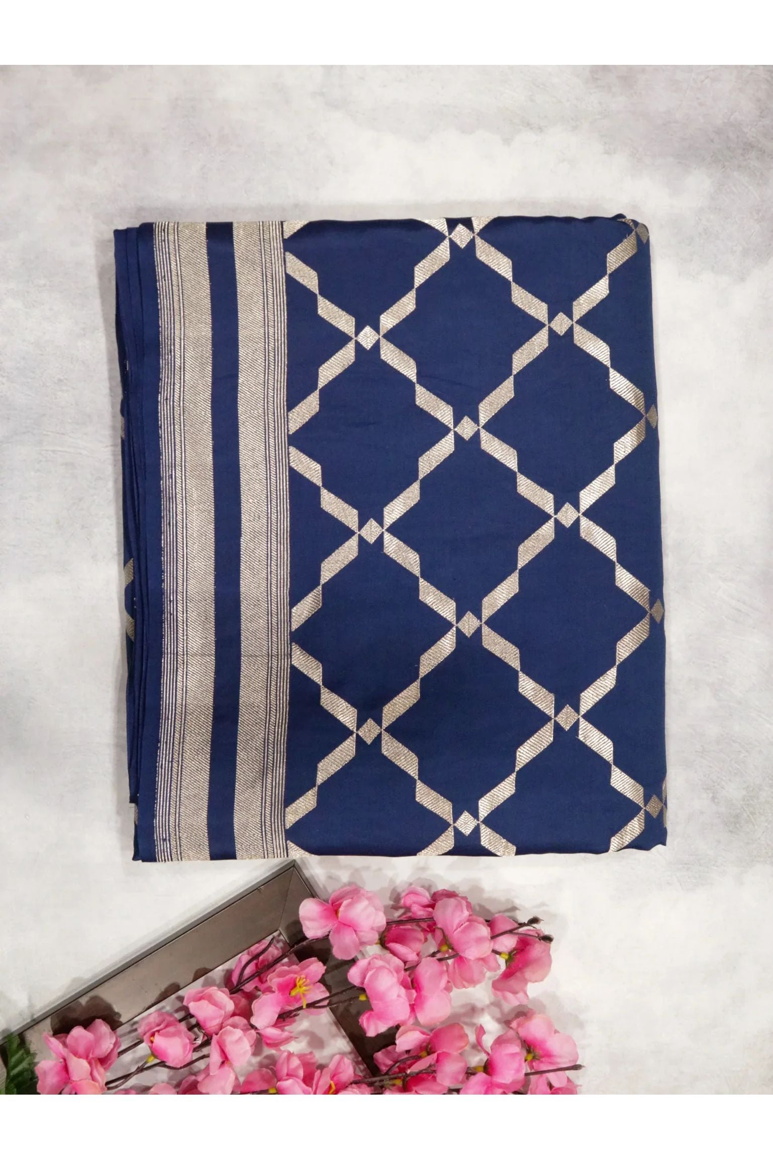 Indigo Blue Banarasi Mushroom Silk Saree with Silver Zari Geometric Jaal & Zari Border - Mokshaa