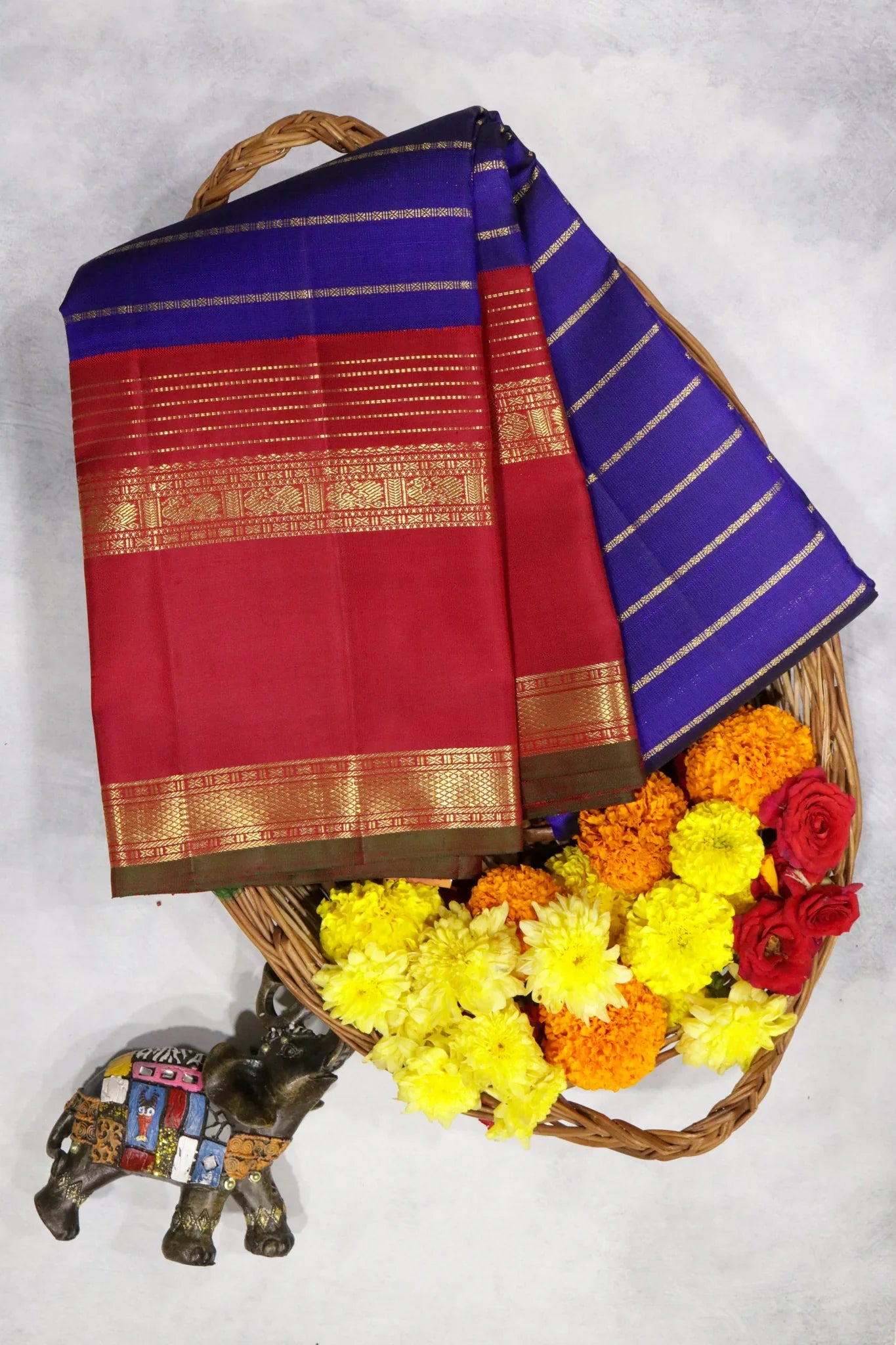 Royal Blue Kanchipuram Silk Saree with Zari Stripes and Contrast Border | Mokshaa
