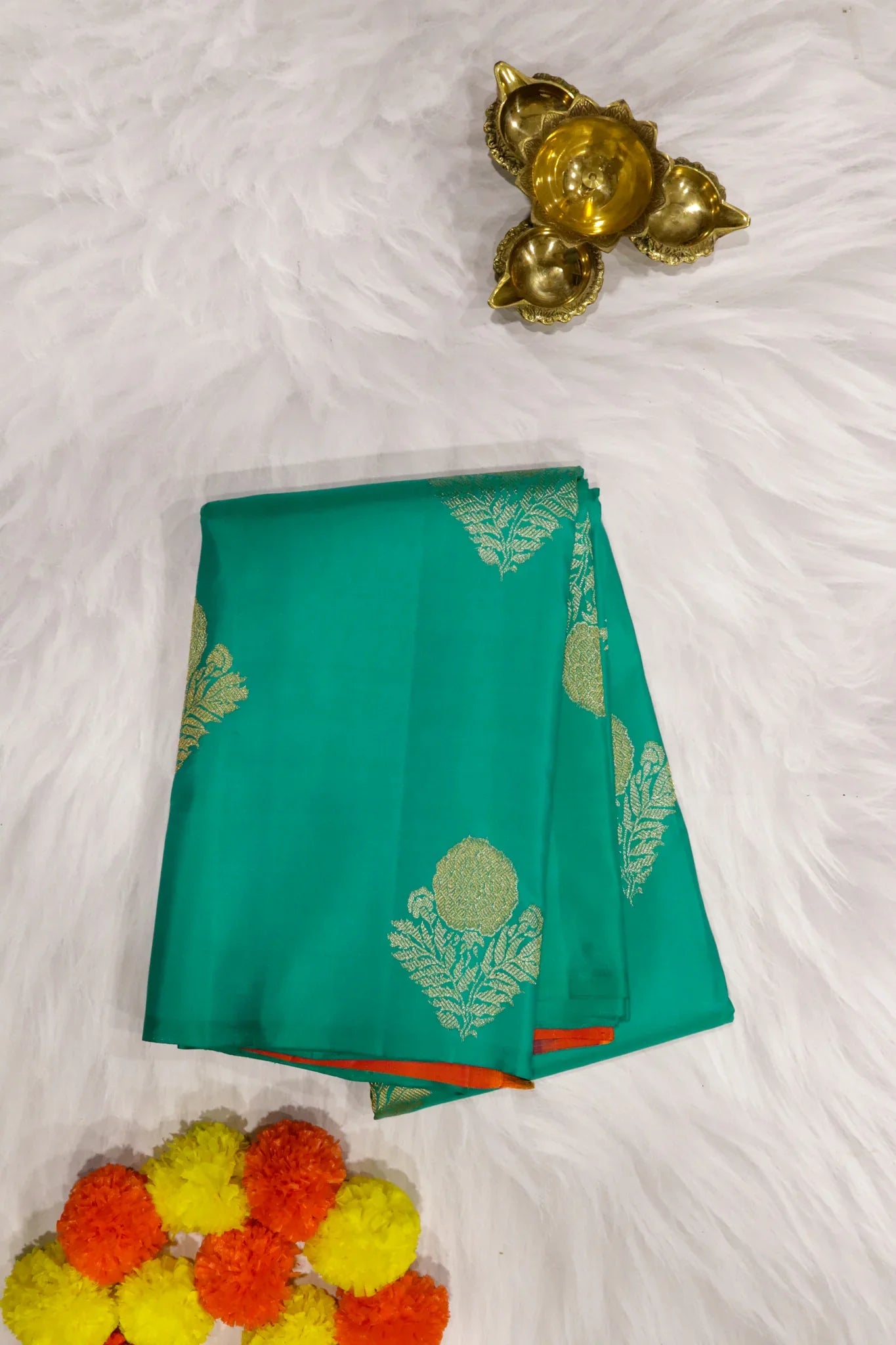 Rama Blue Kanchipuram Silk Saree with Gold & Silver Zari Motifs | Mokshaa