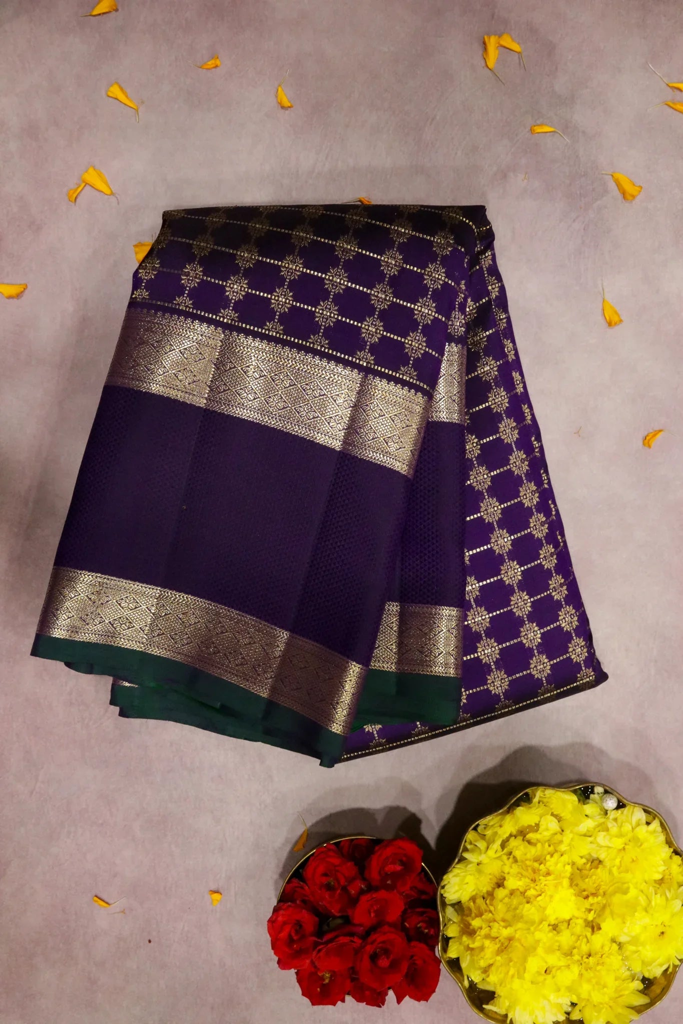 Purple Kanchipuram Silk Saree with Fancy Zari Checks and Zari Border | Mokshaa