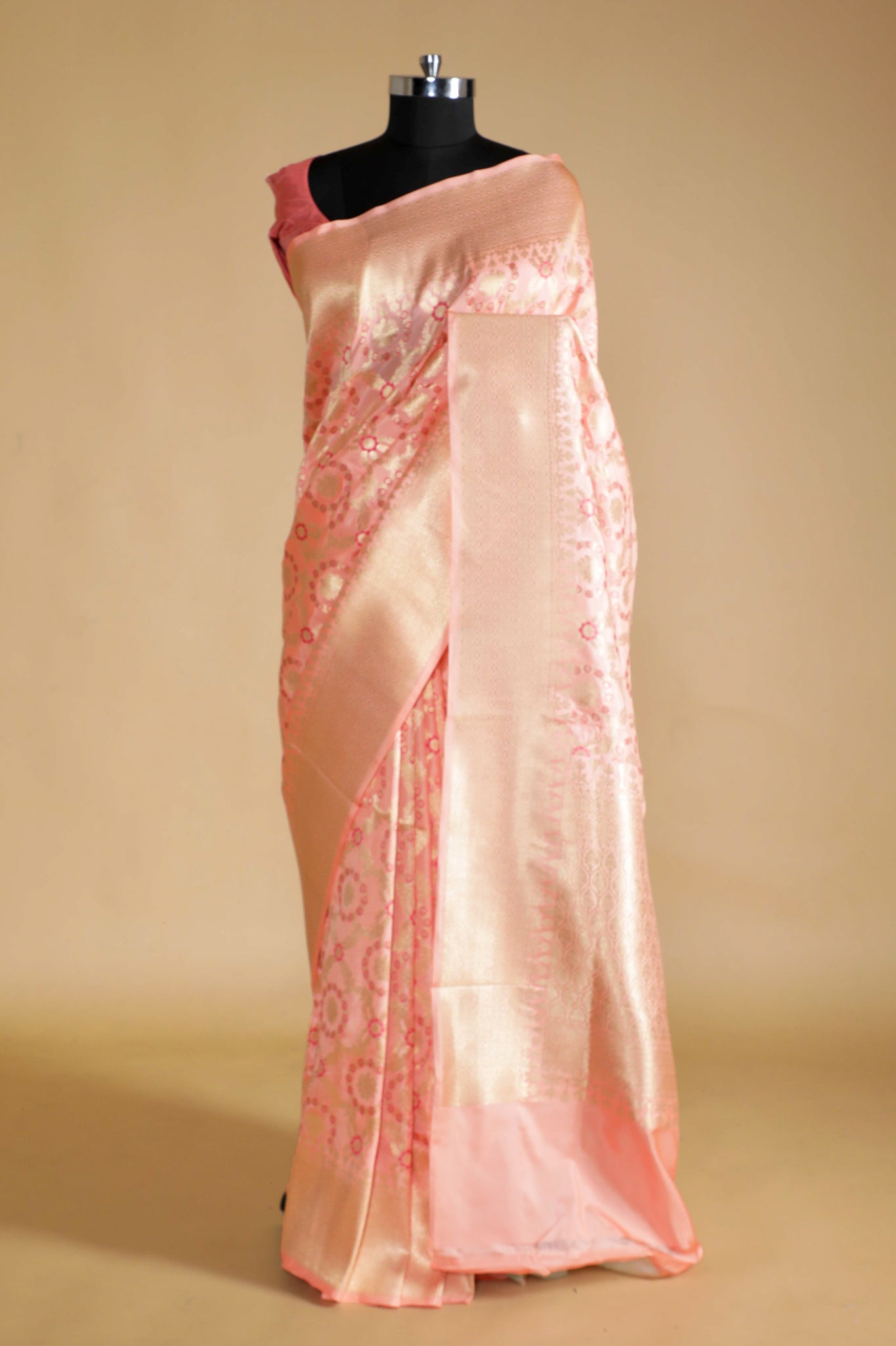 Peach Banarasi Silk Saree with All-Over Zari & Thread Weaving
